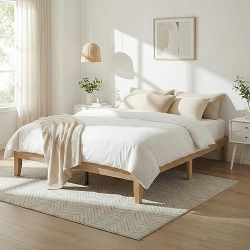 Bed Frame Queen Size, Wood Platform Bed Frame with Solid Wood Slats & Legs, Noise-Free, No Box Spring Needed, Easy Assembly, Minimalist Japandi Style