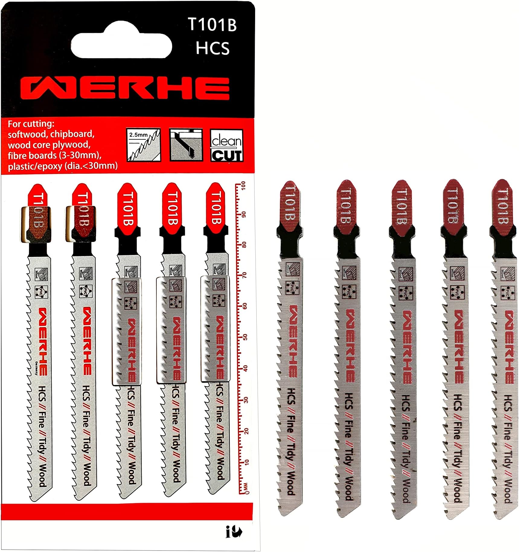 WERHE ® Professional - 5 x Wood Jigsaw Blades - C 100mm T101B Fine - Fast Cutting Thick Layers - Compatible with Bosch, Metabo, Milwaukee, Makita Jigsaws