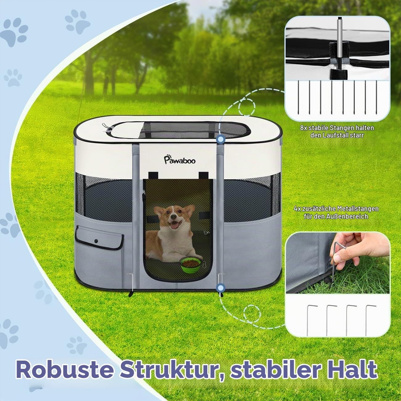 Pawaboo Tragbarer Hunde-Laufstall aus 600D Oxford-Gewebe, Grau