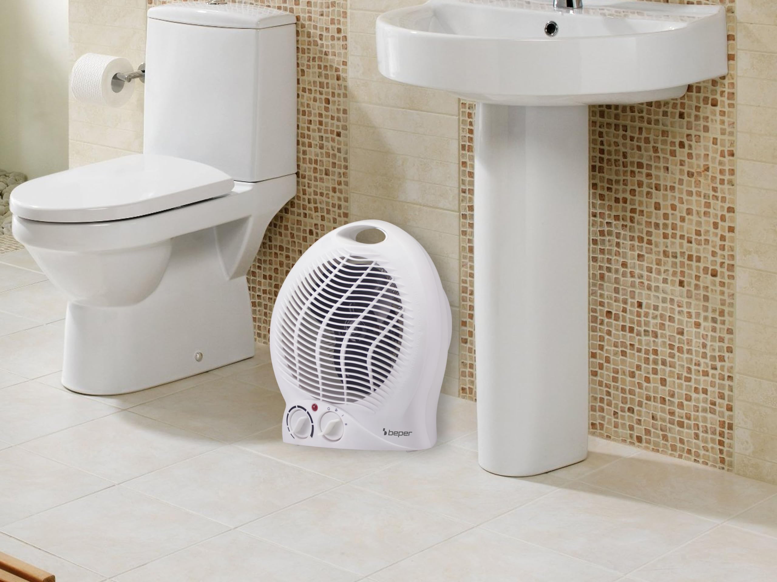 BEPER P203TER202 radiateur soufflant salle de bain, Chauffe-ventilateur, 2000W, 2 Puissances sélectionnables, Chauffe-ventilateur compact avec thermostat réglable, Mode éco et arrêt automatique, Blanc