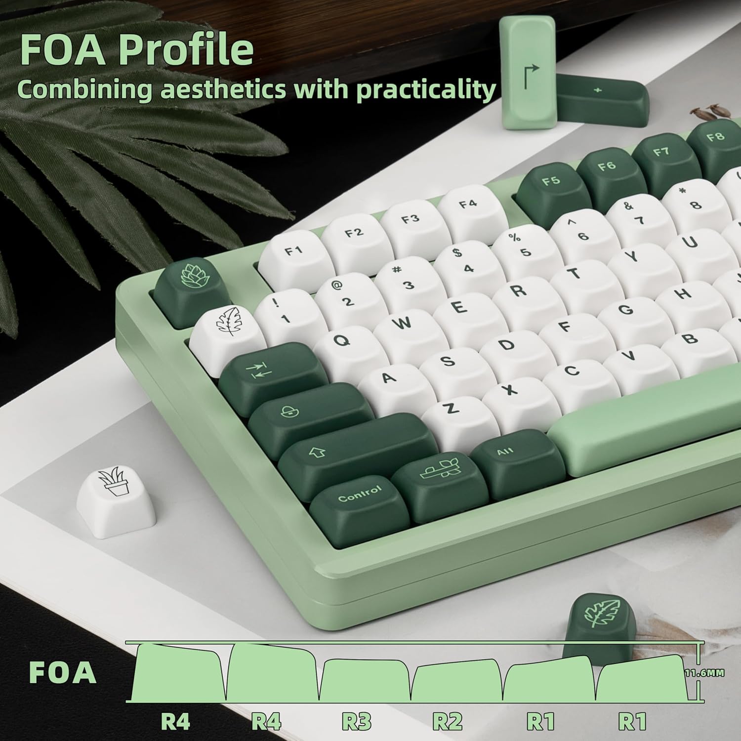 Cute Green and White Botanical Keycaps Set, 5 Side Dye Sublimation FOA Profile PBT Key Caps for ANSI Layout Mechanical Gaming Keyboard, 130 Keys