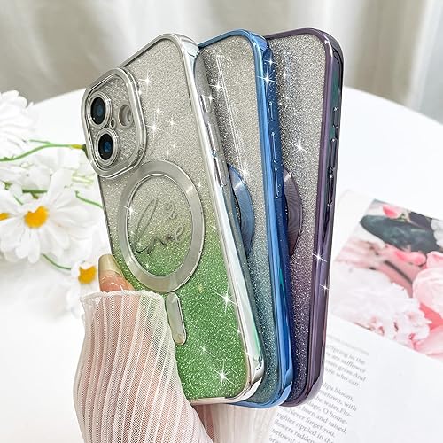 Vista 289 de Fiyart - Funda transparente magnética con purpurina para iPhone 12 para mujeres, con grabado "Love" metálico, protección para cámara y antigolpes
