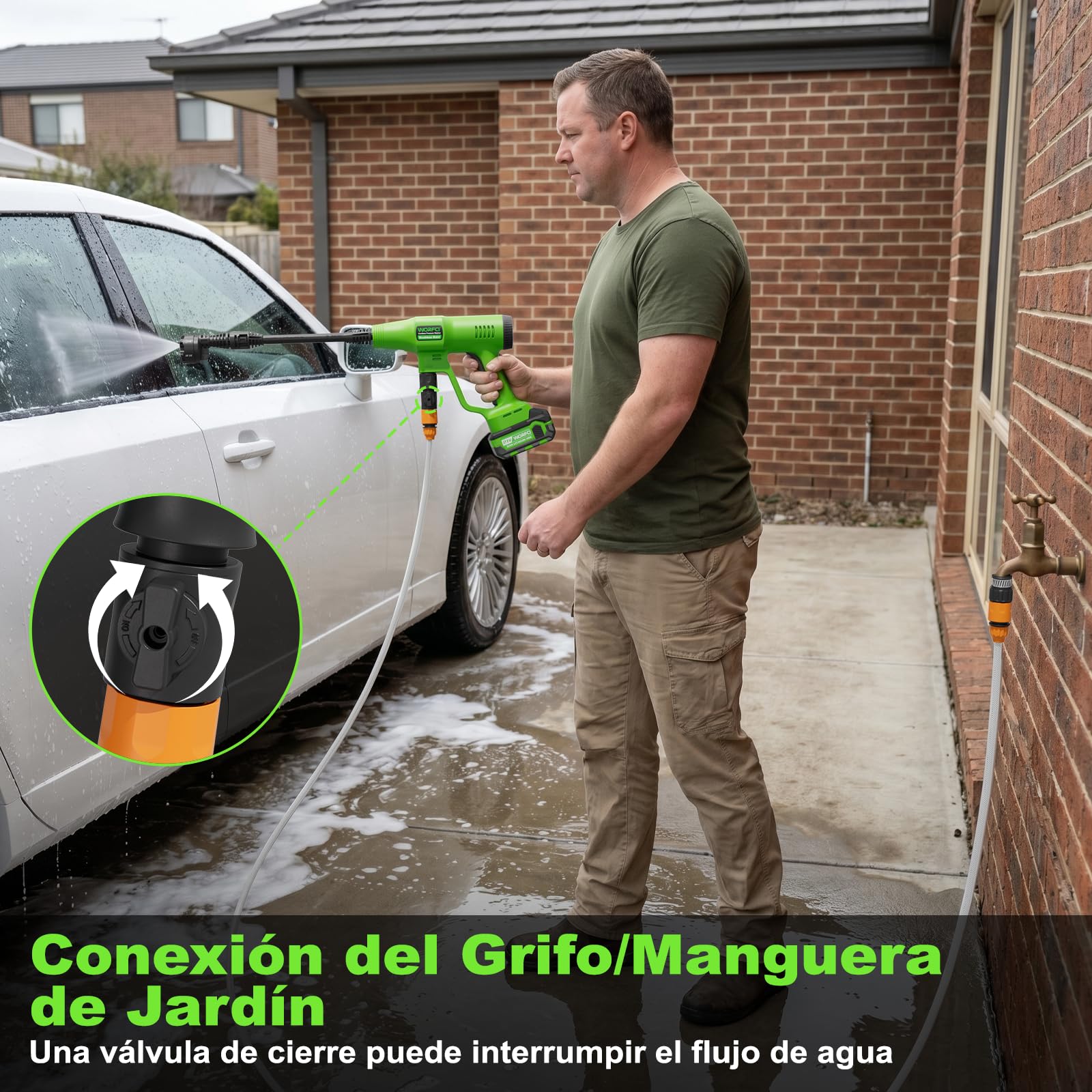 Hidrolimpiadora a Bateria con Boquilla 6 en 1, 2 Baterías, Manguera Trenzada de 6,5 m, Hidrolimpiadora Portátil de Alta Presión Conexión de Grifo para Coche, Jardín, Terraza