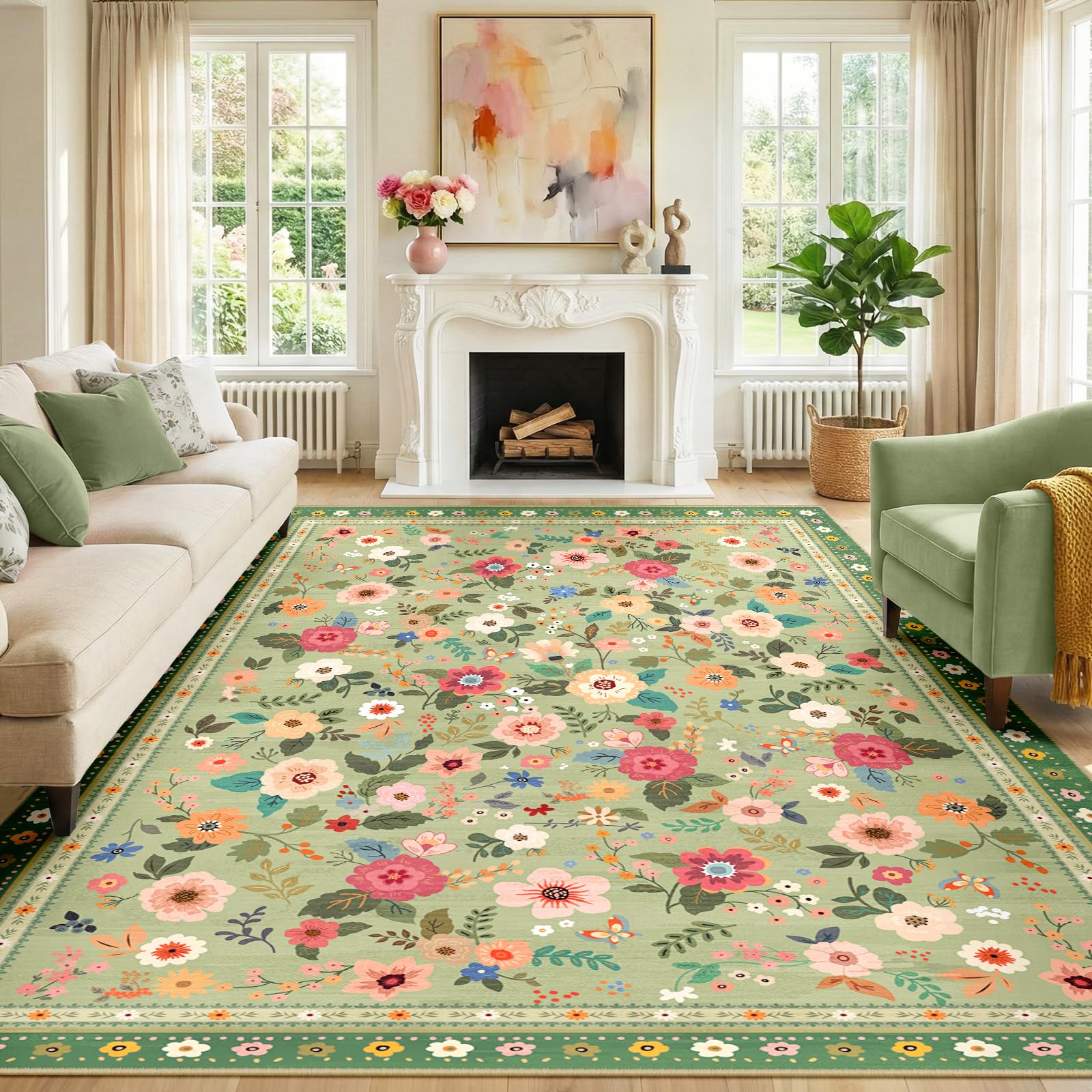 INOVADAY Machine Washable Rug 240x300 cm Non-Slip Low Pile Floral Print Area Rug for Living Room Bedroom Dining Room Bedside Kitchen Lounge Light Green