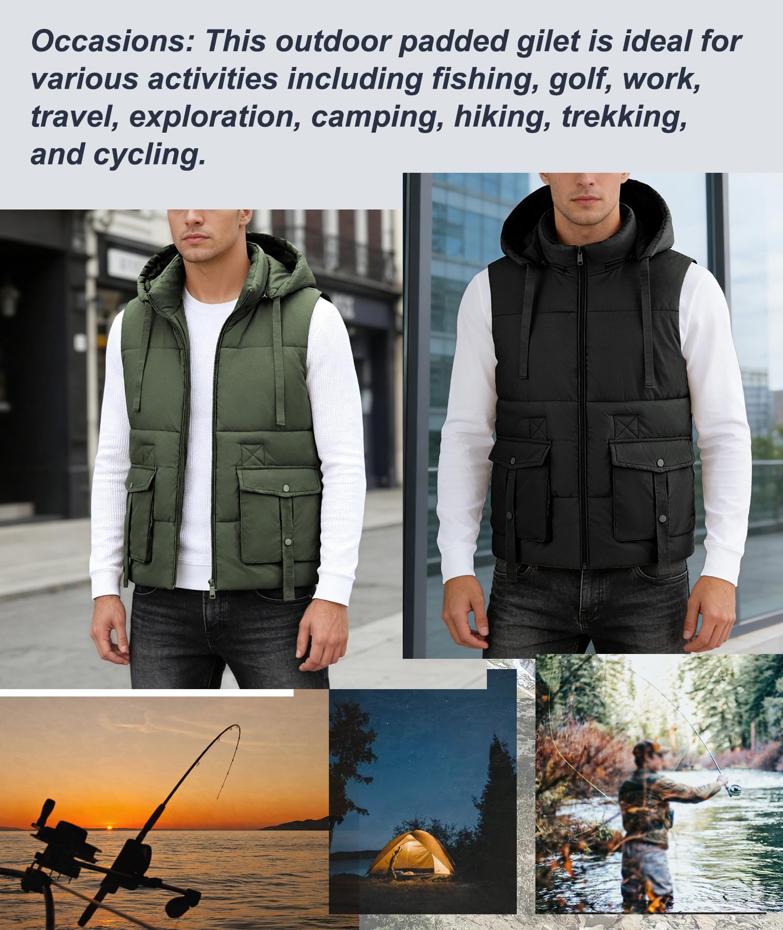 ZITY Herren-Oberbekleidung, warm, gesteppt, Pufferweste, gepolsterte Weste, Kapuzenjacke, ärmellos, mit Taschen, für Arbeit, Golf, Wandern, Angeln