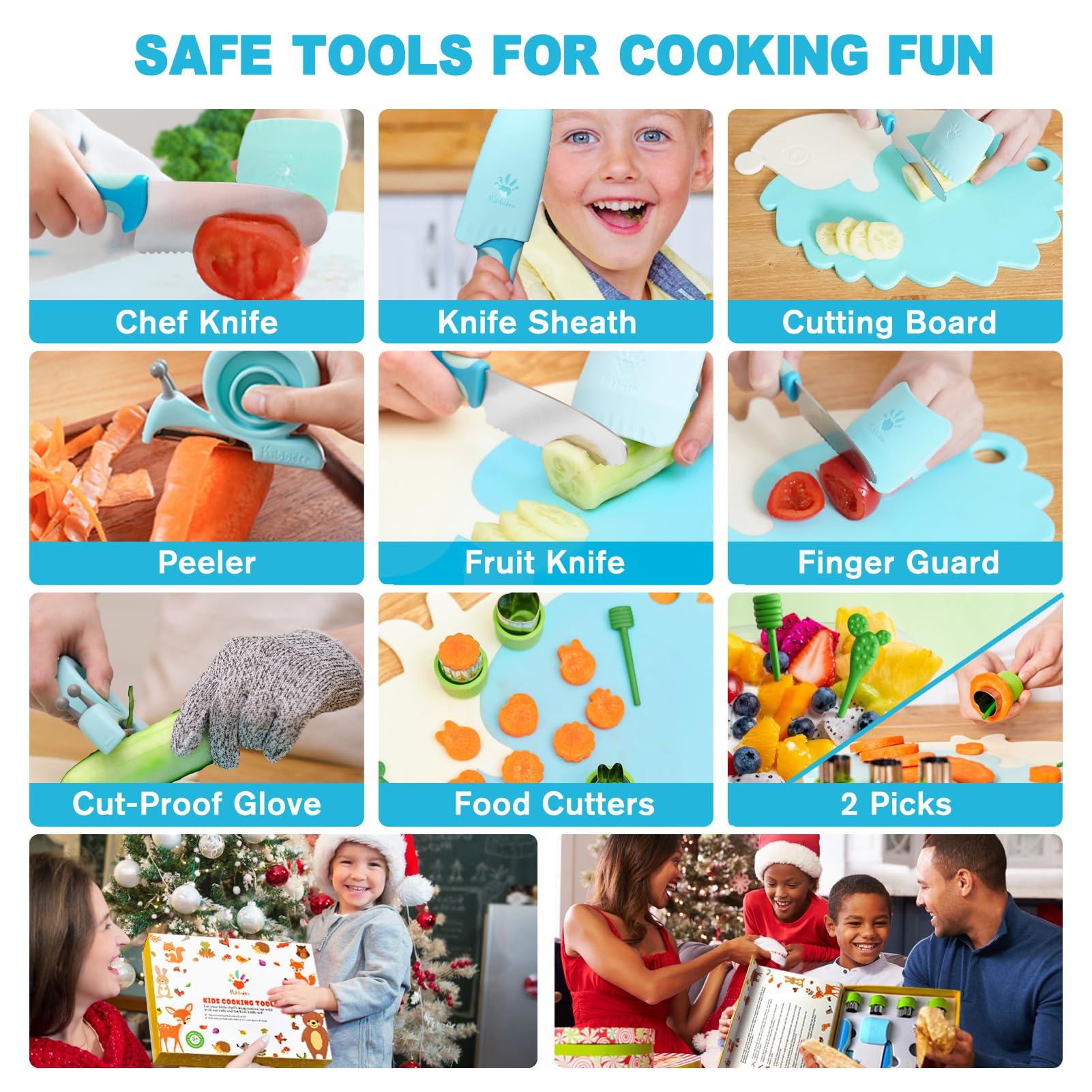 Kibbidea 13 Pcs Kids Kitchen Knife Set, Kids Cooking Sets Real with Cutting Board, Peeler, Serrated Edges Stainless Steel Toddler Safe Knife, Sandwich Cutter (Blue)