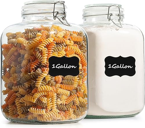 KTMAMA Tarro de vidrio de 1 galón con tapa, recipiente de vidrio de 128 onzas con tapa hermética, juego de 2, tarros Mason extra grandes de boca