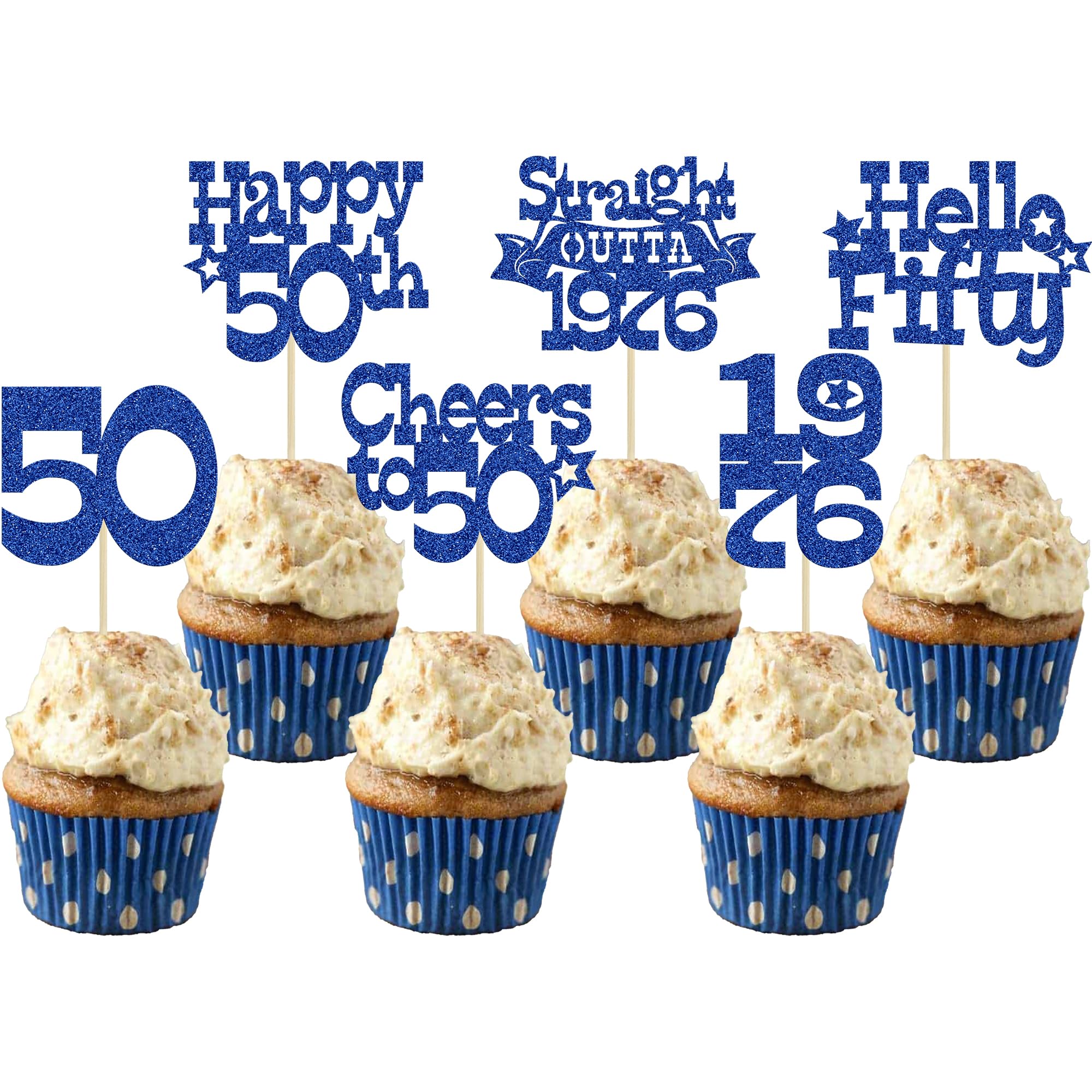 Ephlyn 30Pcs Happy 50th Birthday Cupcake Toppers Glitter Fifty Straight Outta 1976 Cupcake Picks Cheers to 50 Years Cake Decorations for Happy 50th Birthday Anniversary Party Supplies Blue
