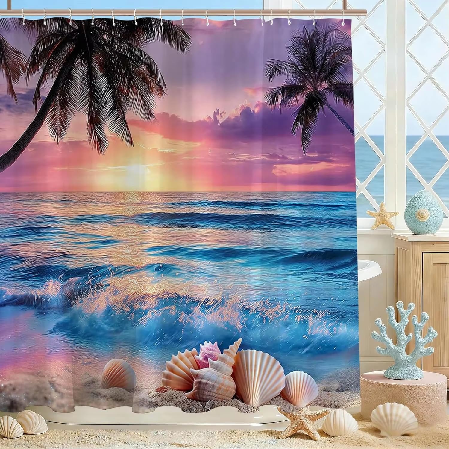 Rideau de Douche Plage Tropicale Coucher de Soleil 280x200cm(LxH) – Paysage Océan Palmier Coquillage Rideau de Bain, Tissu Imperméable Rideau de Douche et Rideau de Bain pour Décoration
