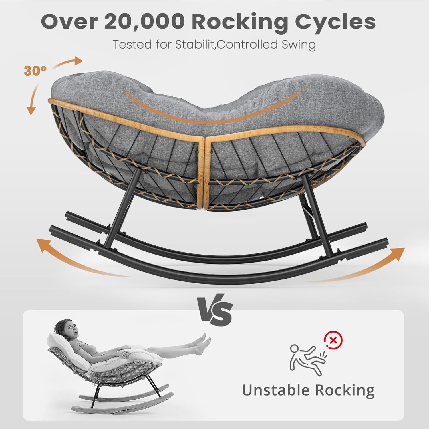 Easyego Patio Wicker Rocking Chair - All-Weather PE Rattan Rocker with Thick Cushion, Comfortable Garden Porch Swing Chair for Deck, Balcony, Poolside, Outdoor Indoor Use, Dark Grey