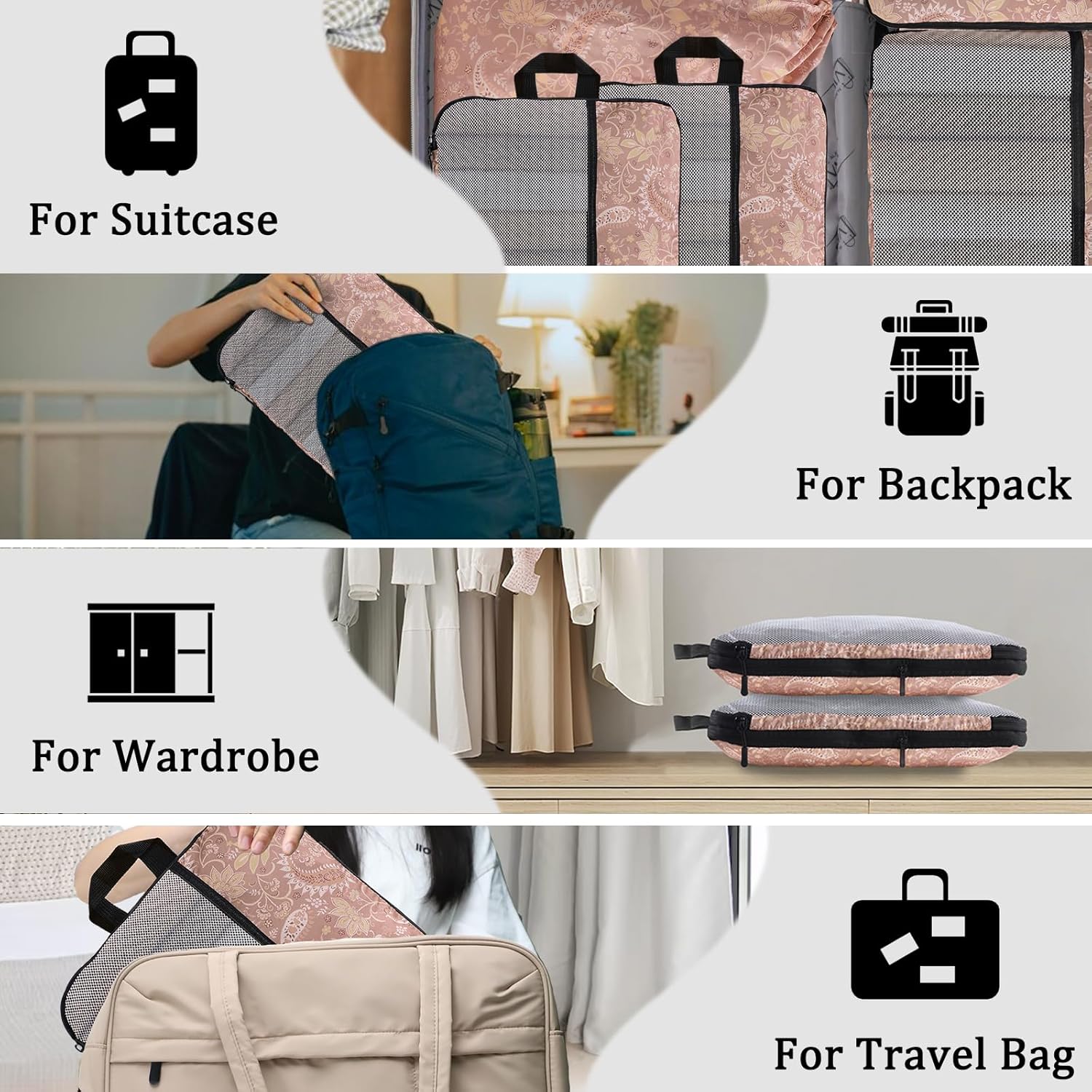 U+U 6 Set Compression Packing Cubes - Ultralight Travel Organizers with Laundry Bag, Space-Saving Suitcase Organizer, Expandable Packing Cubes for Travel and Family Vacation (Paisley Pattern) - Image 8