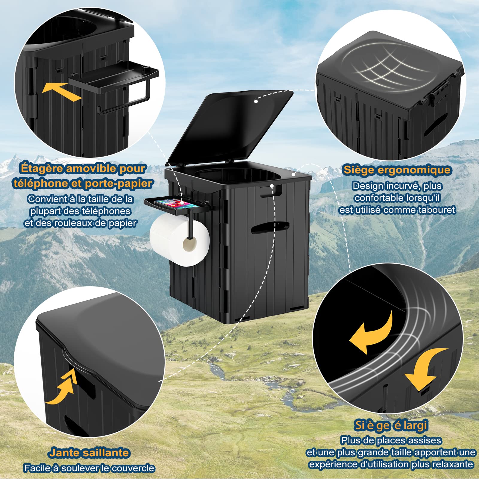 WADEO Toilettes de Camping Portables avec Porte-Mouchoir/Téléphone Portable et Urinateur, Toilettes de Camping Pliables pour Adultes, Convient pour Randonnée, Camping, Voyage, Embouteillage (Noir)