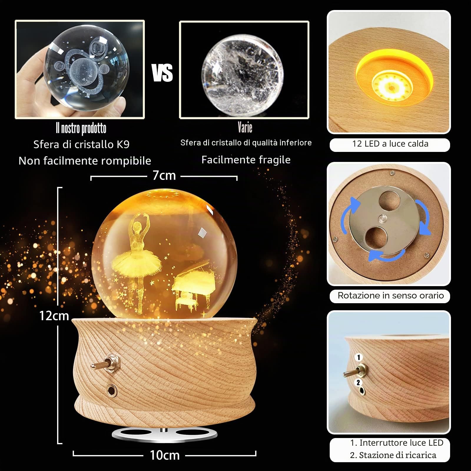 Wholede Carillon in Legno con Sfera di Cristallo Rotante a 360°, Funzione di Proiezione di Luce Calda, Musica Rilassante, Lampada a LED, Idea Regalo da Donna, per Il Compleanno e la Festa della Mamma