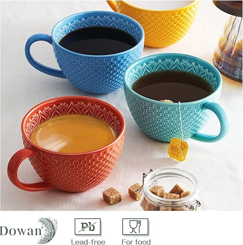 Miniatura 4 de DOWAN Juego de 4 tazas de café grandes de 21 onzas con asa, tazas de sopa con exquisita artesanía en relieve para café con leche, capuchino, fiesta,