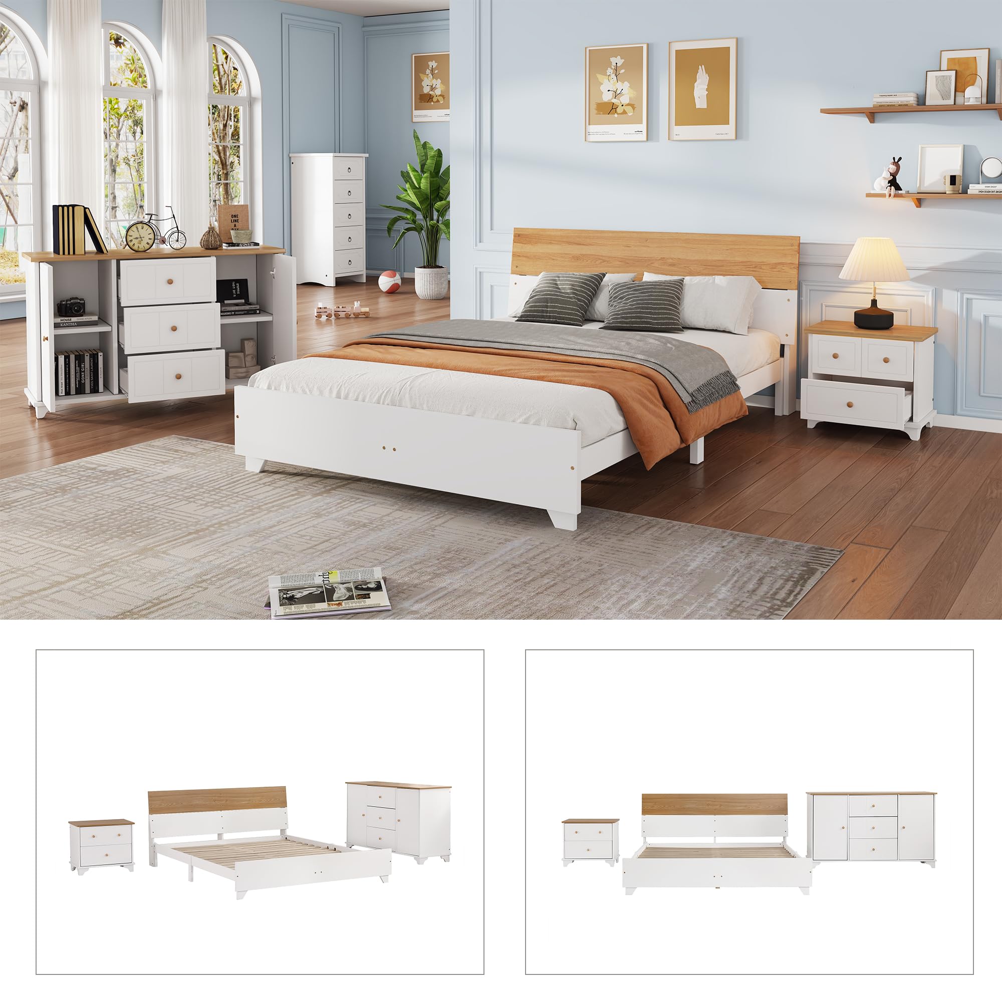Set di 3 camere da letto complete, letto matrimoniale 160 x 200 cm, comodino+cassettiera, con 16 doghe, 2 cassetti e 2 ante