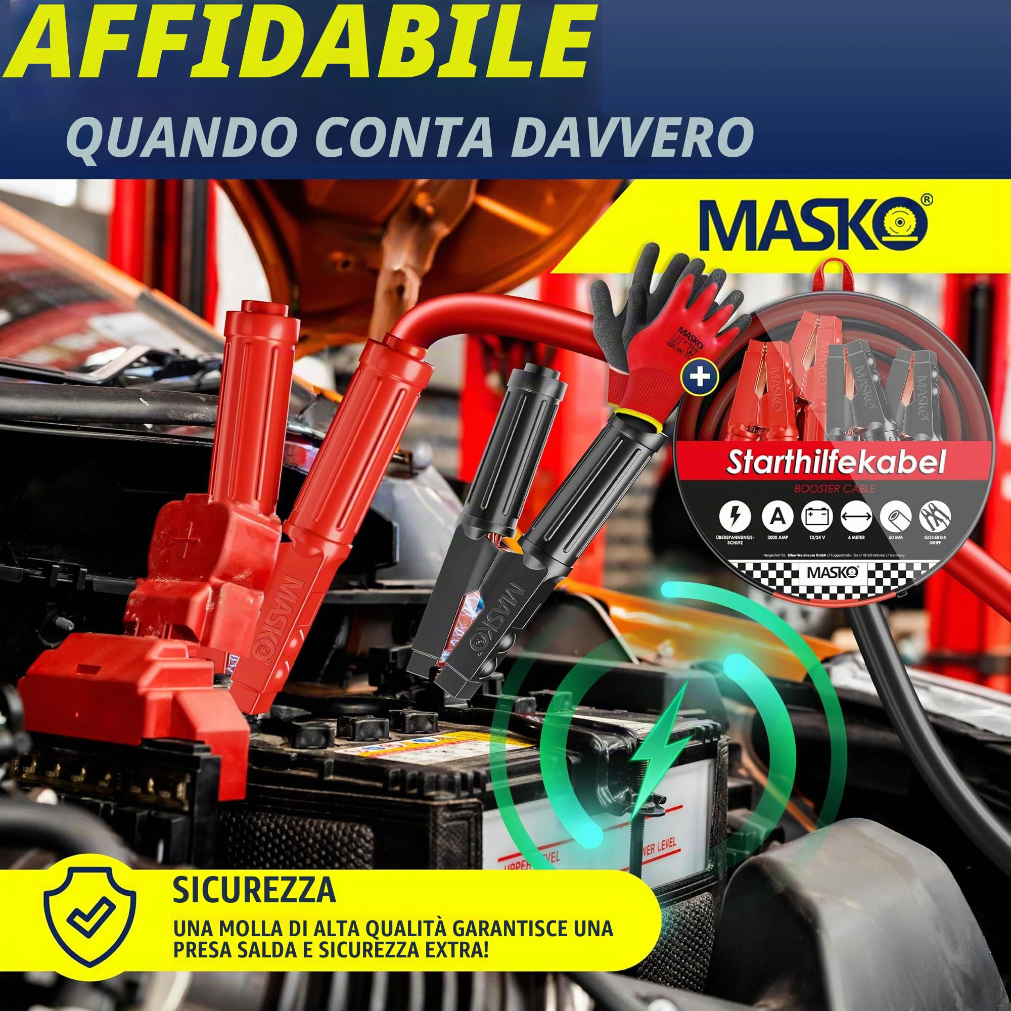 MASKO® - Cavo di avviamento per motori a benzina e diesel, 6/ 12/ 24 Volt, cavo di avviamento per auto e moto, in rame, con guanti e borsa per il trasporto, 2 cavi lunghi 6 m e spessi 50 mm² a 3000 A