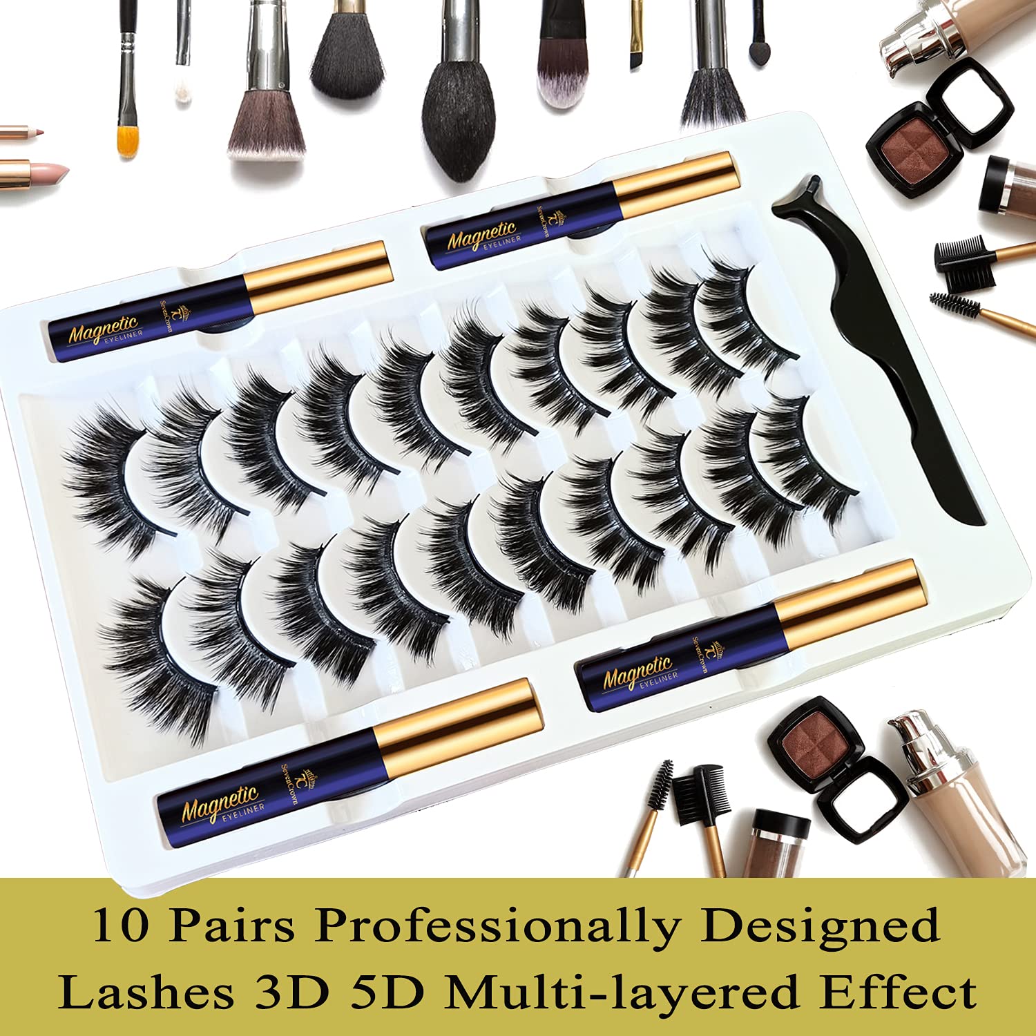 SevenCrown Magnetic Eyelashes with Eyeliner Kit, 10 Pairs 3D Medium Cat Eye