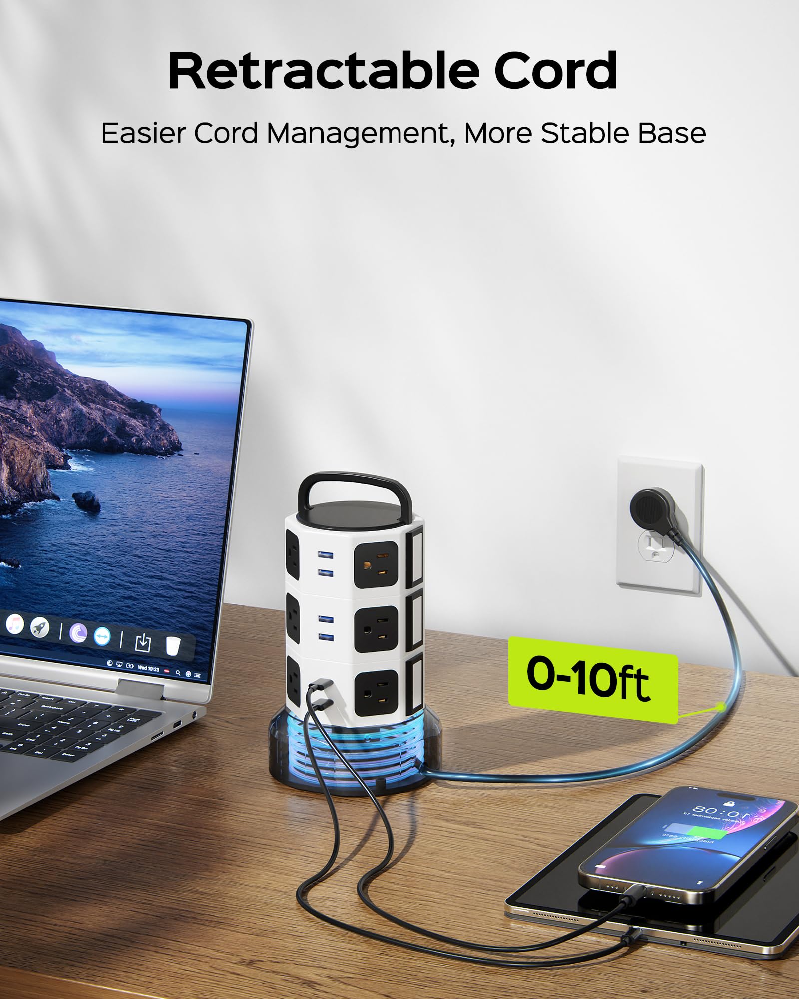 Listwa zasilająca Tower JACKYLED z ochroną przeciwprzepięciową, elektryczna stacja ładująca z 13 A, 12 gniazdami, 6 portami USB, wytrzymały przewód przedłużający do domowego biura, komputera, szafki