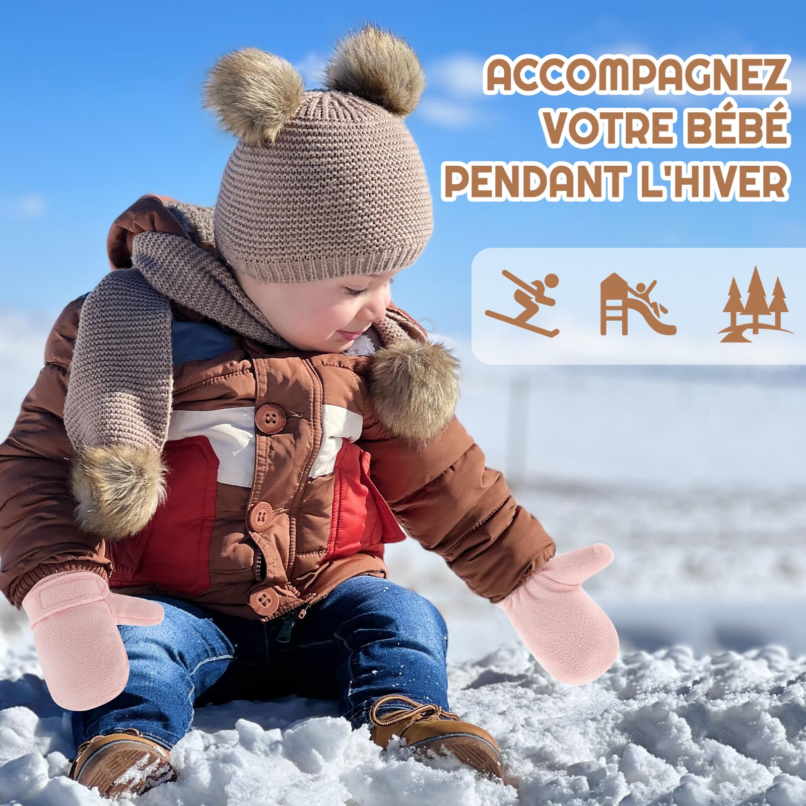Rękawice zimowe dla niemowląt, podszewka z polaru dla małych dzieci, chłopców, ciepłe i miękkie, dla niemowląt, dziewczynek, regulowane rękawiczki do użytku na zewnątrz (różowe i szare, rozmiar M)