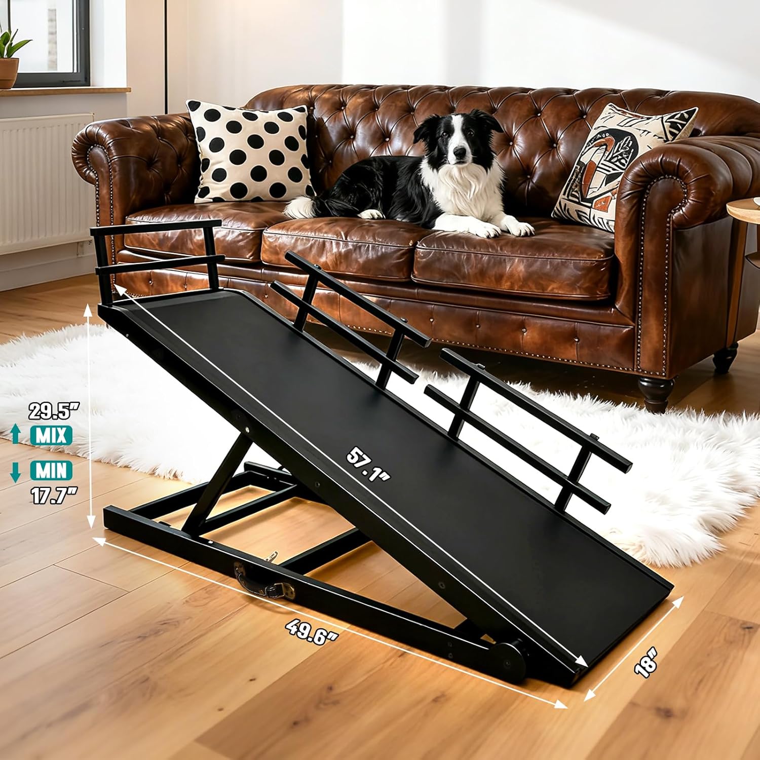 CypherX Dog Ramp for Couch or Bed, 18" W Folding Wooden Pet Ramp with Anti-Slip Rubber Mat & 3 Removable Safety Side Rails, 6 Adjustable Height from 17" to 29" for Small & Large Dogs & Cats