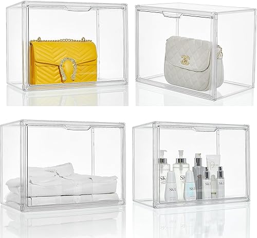 Attelite Organizador de almacenamiento de bolsas y bolsos de plástico para armario, paquete de 4 vitrinas de acrílico transparente con puerta
