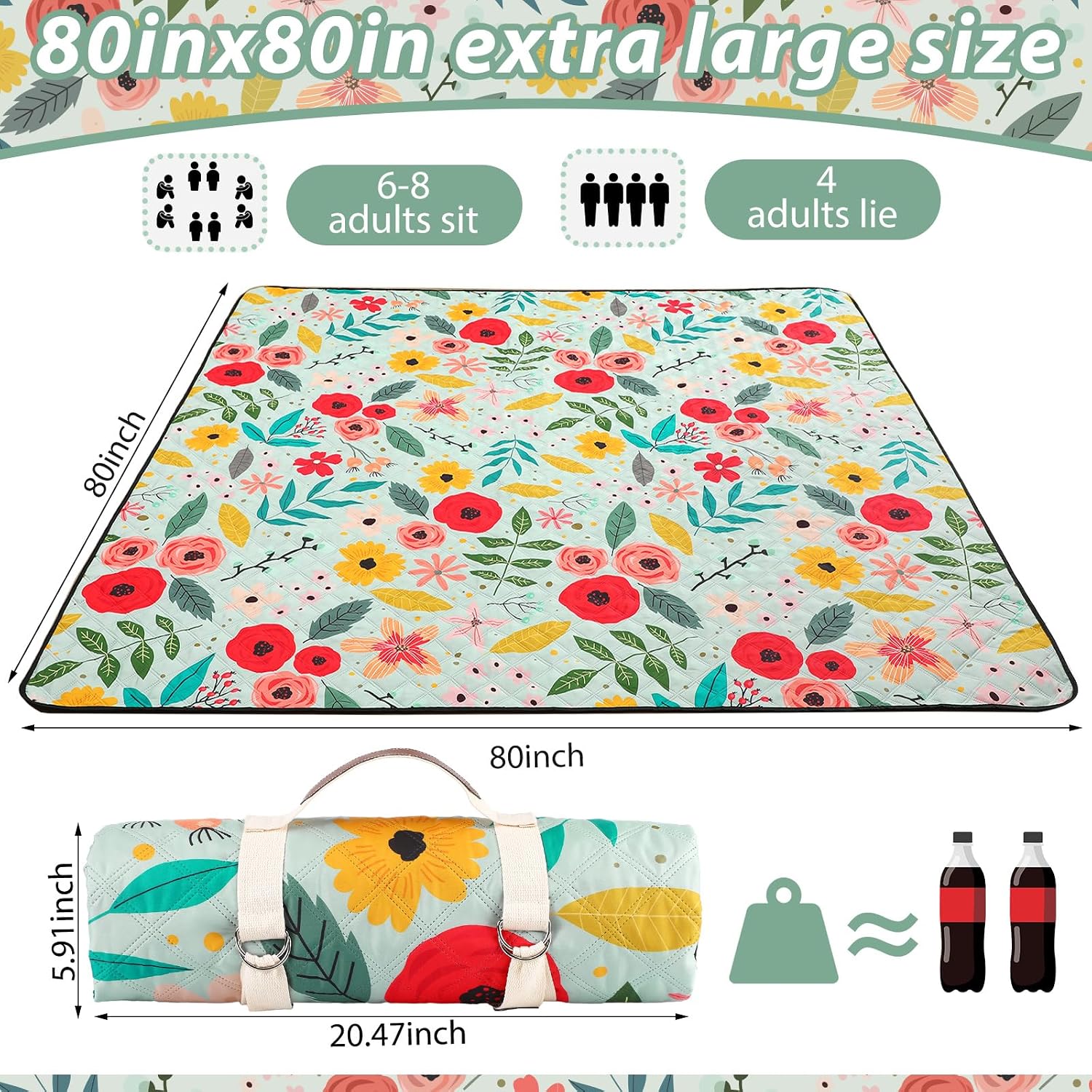 Tegeme Beach Picnic Blanket Floral Waterproof Outdoor Blanket 80''x80'' Extra Large Portable Sandproof Machine Washable 3 Layer Thick Gingham Picnic Mat for Beach Camping Park Grass(Green)