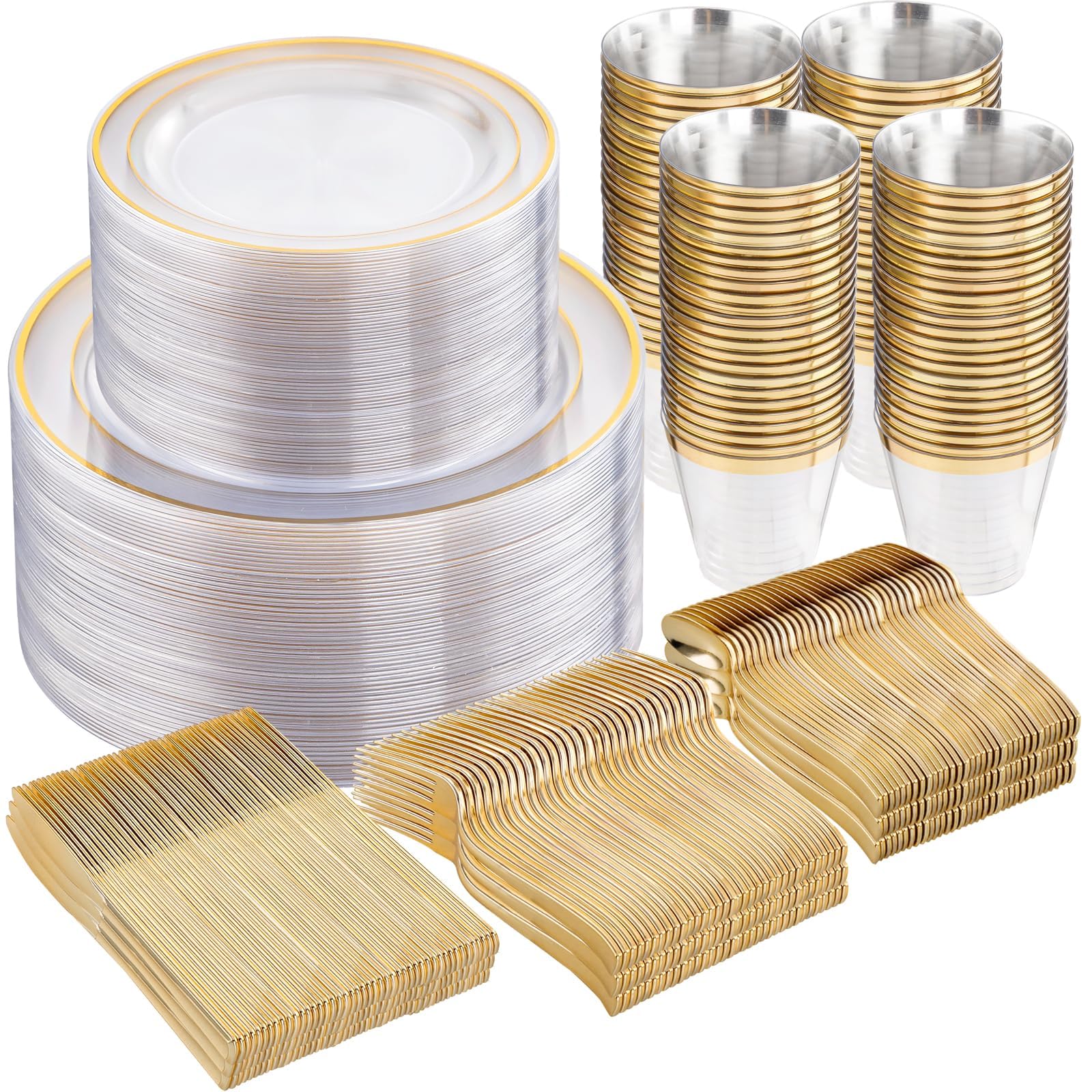 透明プラスチック皿 金色の縁取り4枚セット Amazon.com: WELLIFE 600pc Gold Trim Plastic Dinnerware Set for