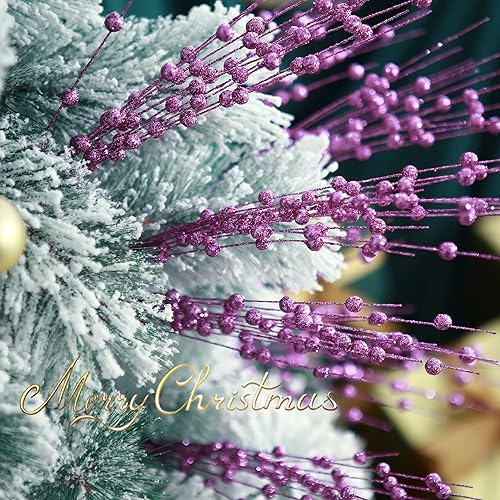 Miniatura 6 de Felice Arts Paquete de 6 tallos de bayas artificiales moradas con purpurina de 15.7 pulgadas, palillos de Navidad falsos decorativos con purpurina