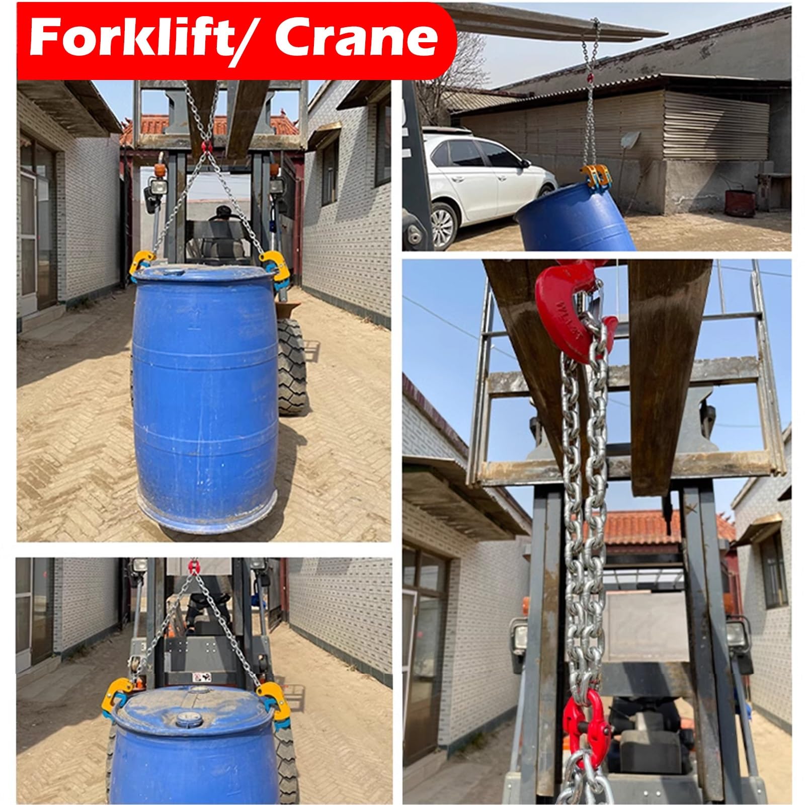 Fasshebekette mit 2 4 Haken, Fassgreifer für Gabelstapler 2200 4400 lb/Hochleistungs-Wasserfassheber, Fabrikzubehör für Ölfässer zum Heben von Ladungen (4 Ketten – Tragkraft 2 t)