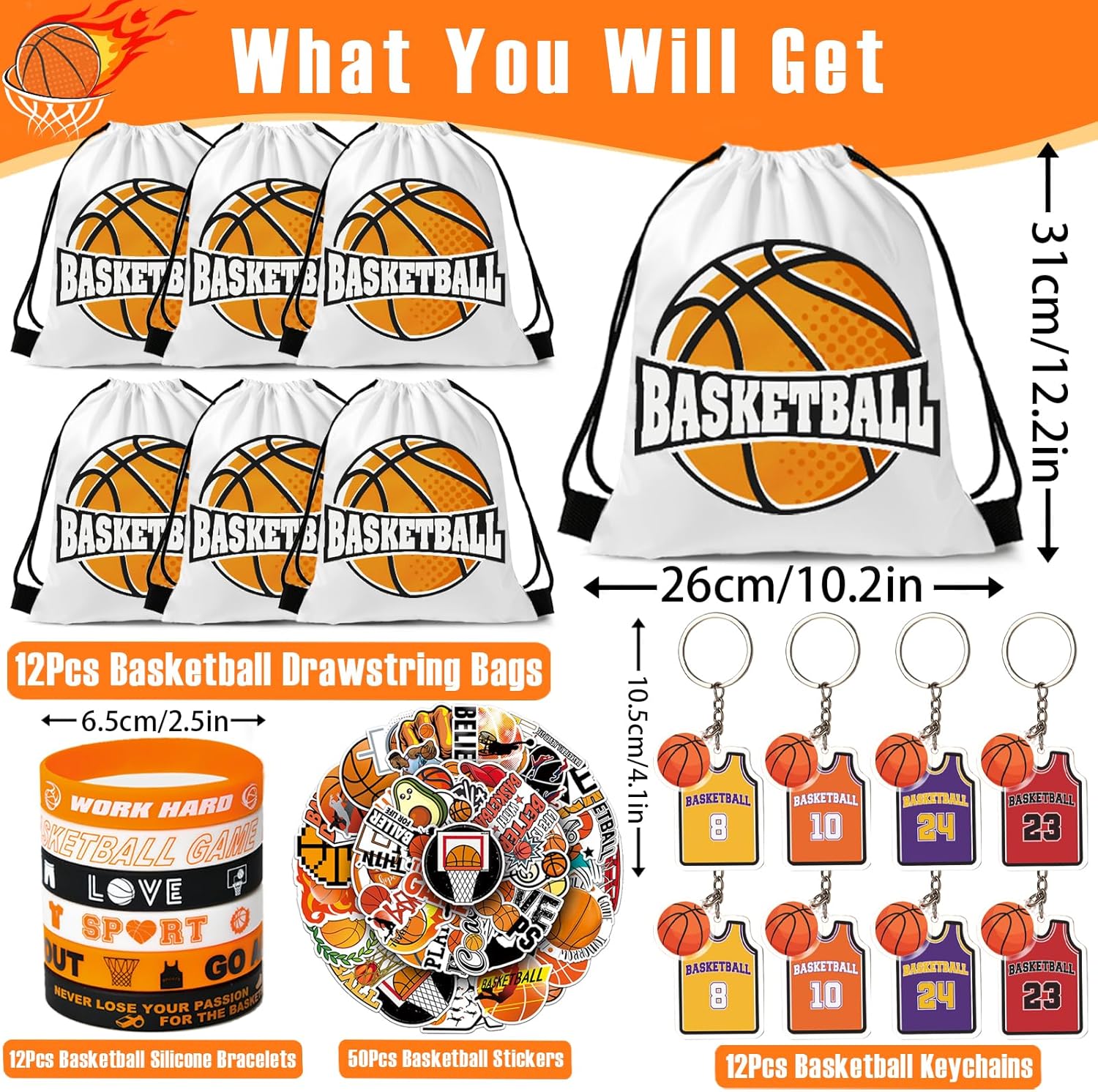 12 Sets Basketball Party Favors Basketball Goodie Bags for Boys Includes Drawstring Bag Silicone Bracelet Keychain Tattoo Sticker for Sports Goodie Bags Basketball Birthday Party Supplies Decor - Image 2
