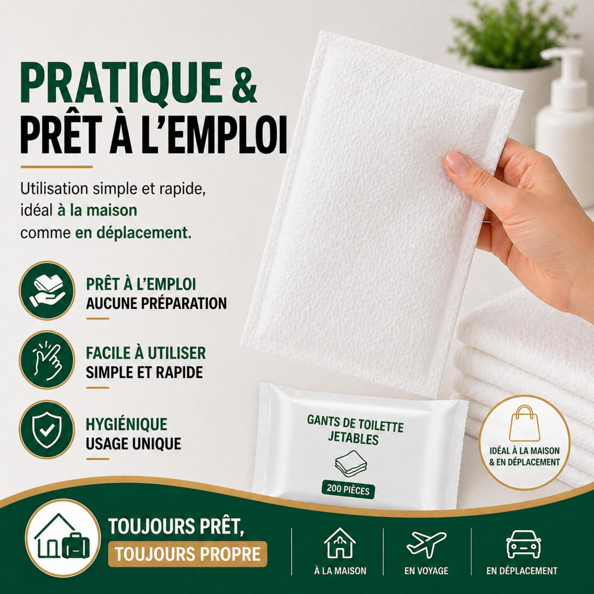 200 Gants de Toilette Jetables Ultra Doux - Non Tissés Molletonnés - Soins Médicaux et Hygiène - Blanc