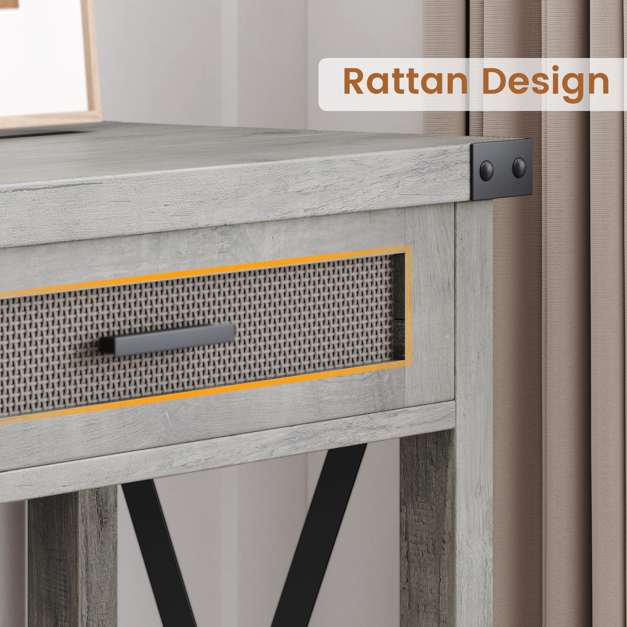 Tavolo Consolle Farmhouse Con Cassetti In Rattan - Mobile Multiuso Per Ingresso O Soggiorno, Struttura In Metallo