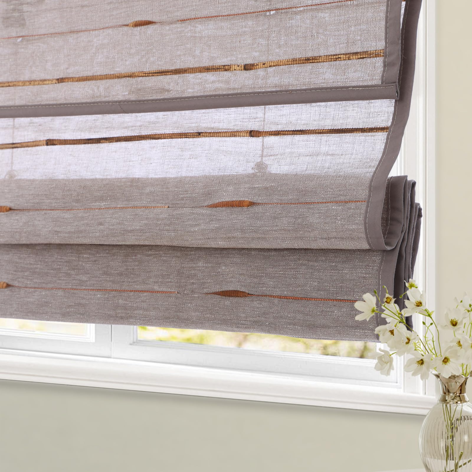 HousCa Blackout Cordless Bamboo Roman Shades, Custom Window Shades with Lining, Natural 100% Bamboo Blinds for Windows, Tea Mouse Color