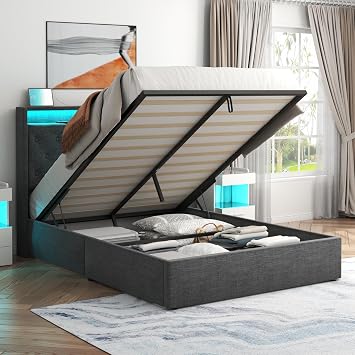 Full Lift Up Storage Bed Frame w/Charging Station & LED Lights, Dark Grey