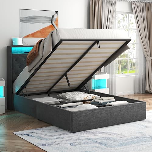 Full Lift Up Storage Bed Frame w/Charging Station & LED Lights, Dark Grey