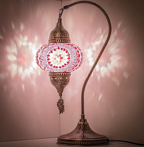 DEMMEX Lámpara turca marroquí hecha a mano con cuello de cisne colorido mosaico para mesita de noche, pantalla con cuerpo de latón antiguo