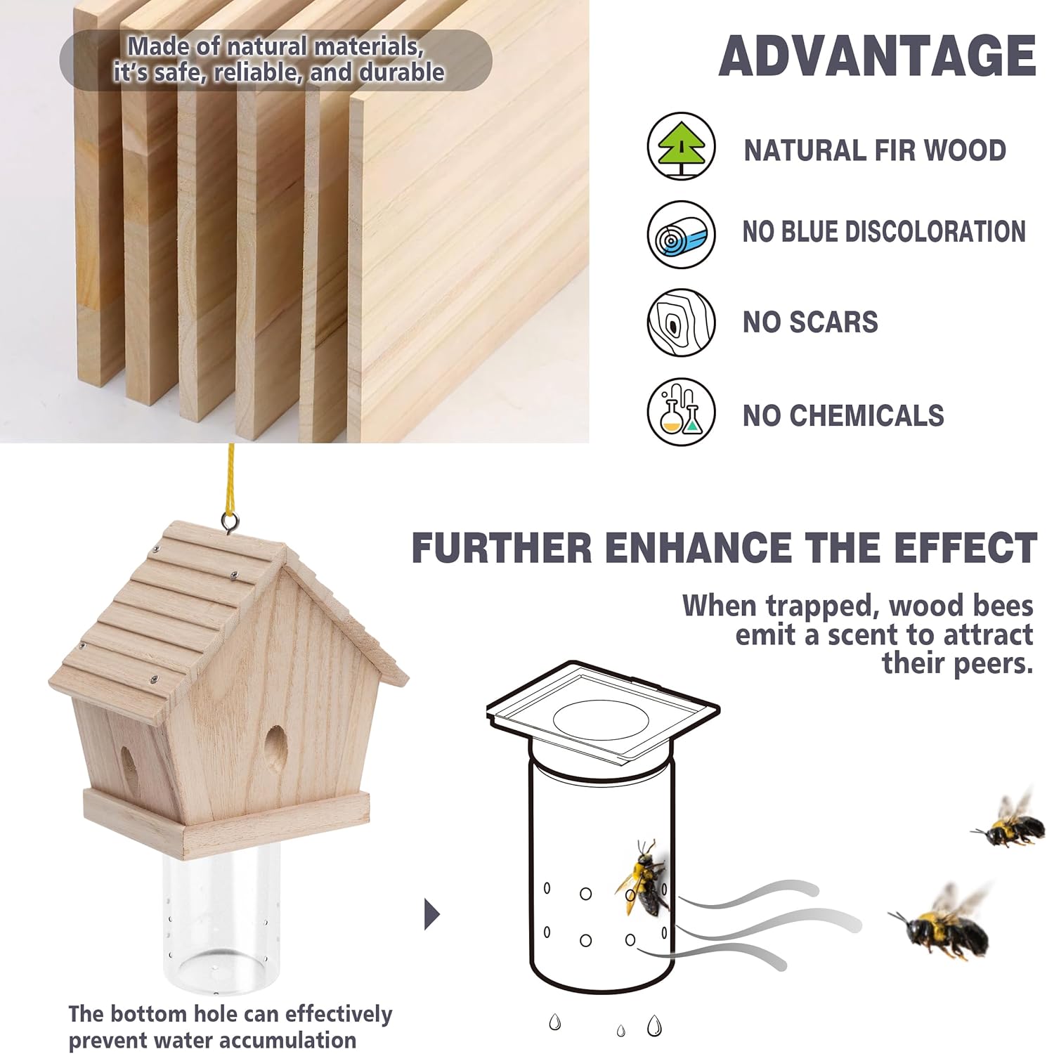 GRTRE 2 Pack Wood Carpenter Bee Trap for Outside - Best Bee Trap - Wood Boring Bee Trap- Nature Chalet Style Carpenter Bee Traps Outdoor Hanging - Insect Traps Removes Carpenter bee