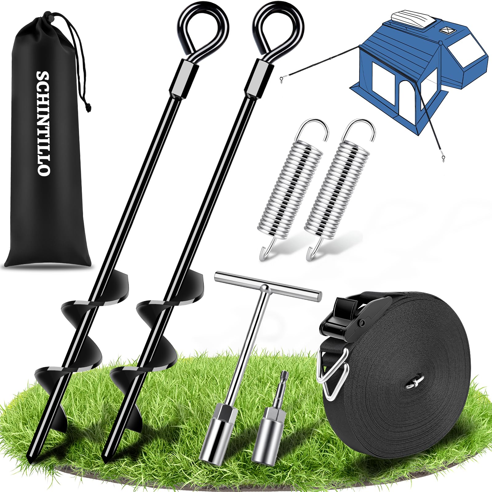 Juego de toldos de banda para tormentas para camping, protección contra tormentas con cinta de 13 m + 2 anclajes de suelo+2 muelles para tiendas de campaña, toldos, toldos, pabellones