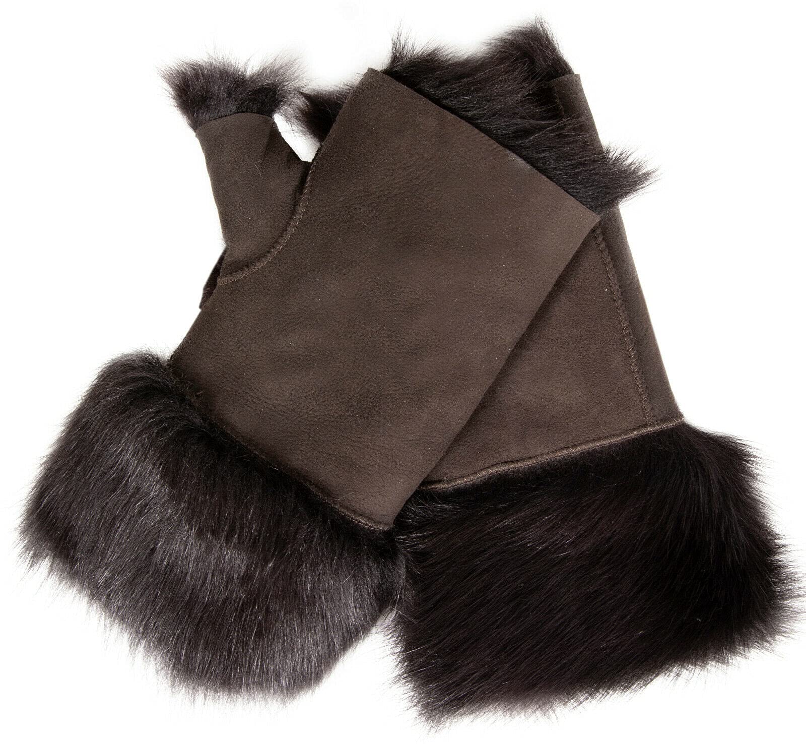 Infinity Leather Women's Shearling Mittens Fingerless Cuffs Toscana Suede Sheepskin Fur in Brown