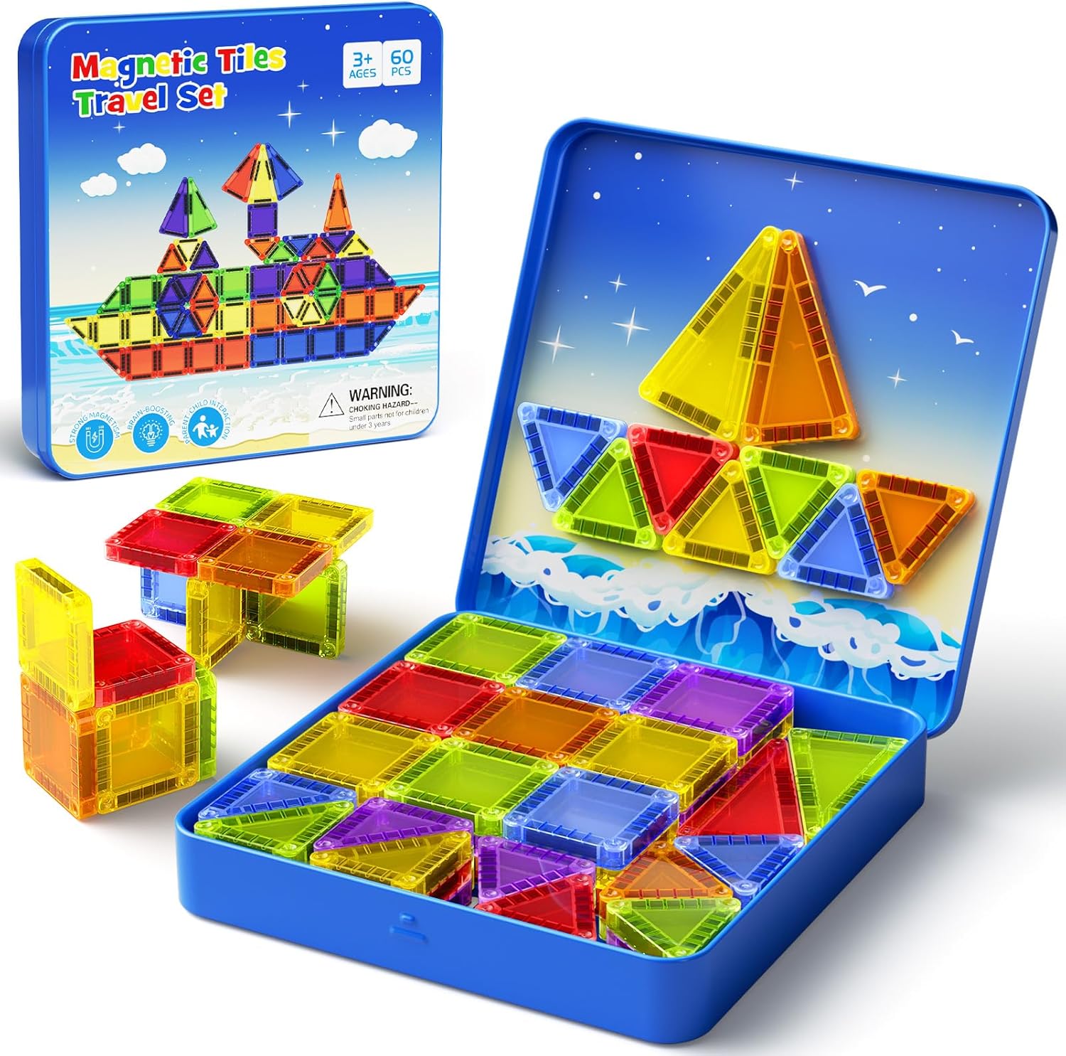 60PCS Mini Magnetic Tiles Travel Set with Metal Storage Box, Magnetic Blocks Kids Toy 3D Clear Magnetictiles Road Trip Essentials Montessori Preschool Classroom Must Haves Xmars Gift for Age 3+