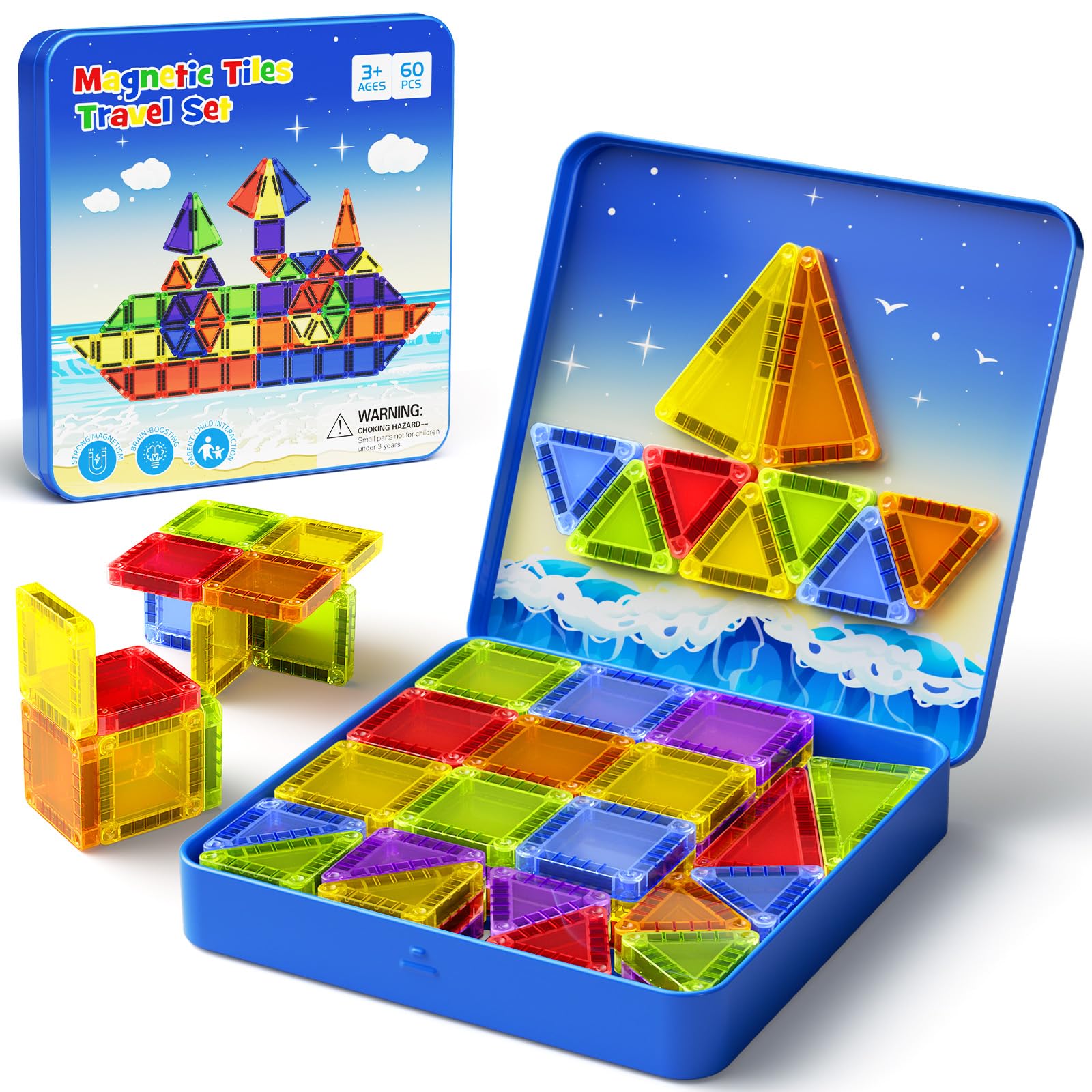YOGOHEE 60 pezzi di tessere magnetiche per bambini, mattoncini magnetici con scatola di ferro portatile, giocattoli educativi STEM giocattoli per bambini e bambine(Blu)