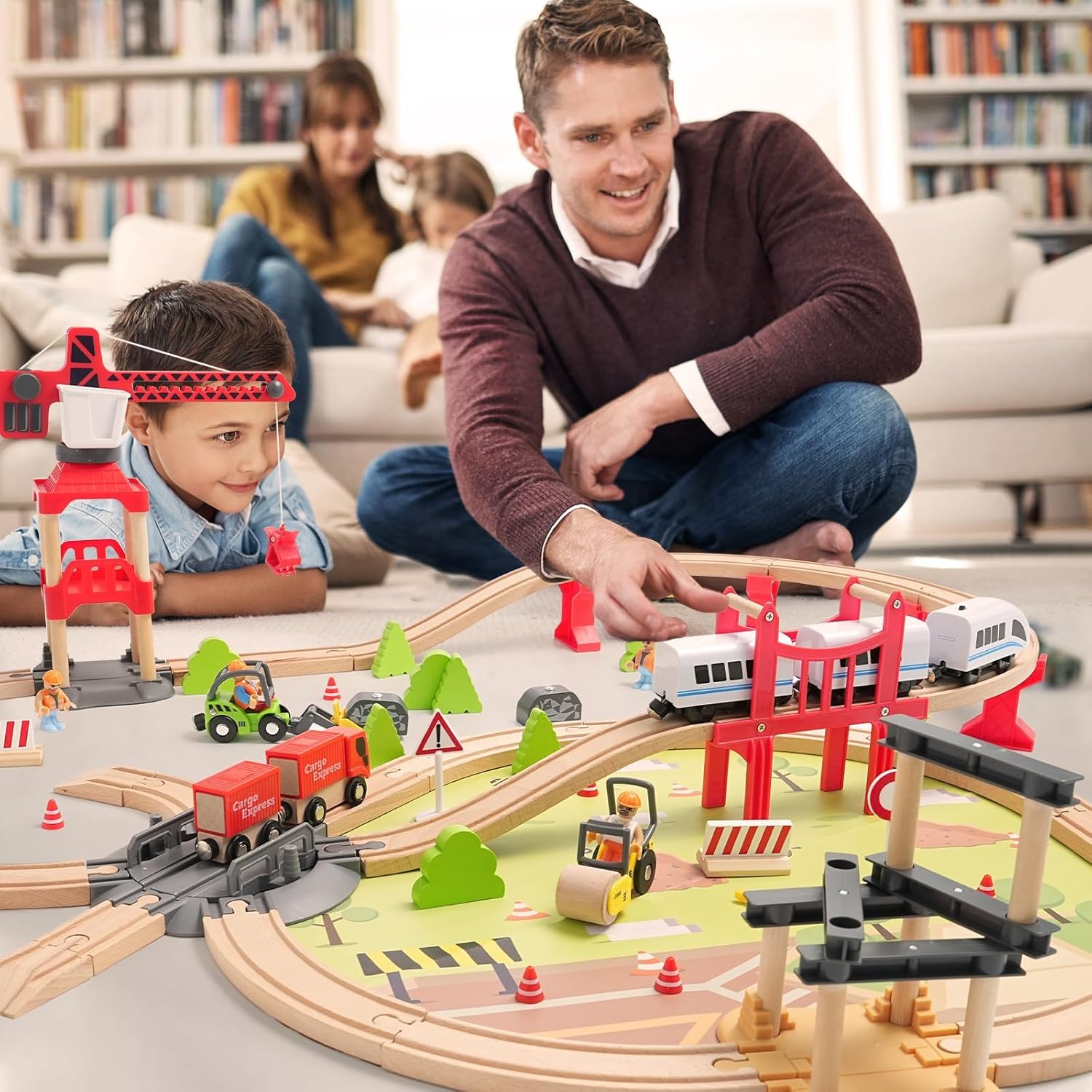104 Pcs Wooden Train Set for Toddlers, Magnetic Trains with Track for Kids Ages 3-6, Compatiable with Major Brands, Construction Railway Playset Gifts for Boys and Girls Ages 3+