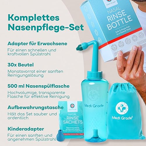 Miniatura 2 de Medi Grade Botella de enjuague sinusal, 16.9 fl oz con 30 paquetes de enjuague sinusal, sistema completo de riego nasal, limpiador de nariz Neti Pot