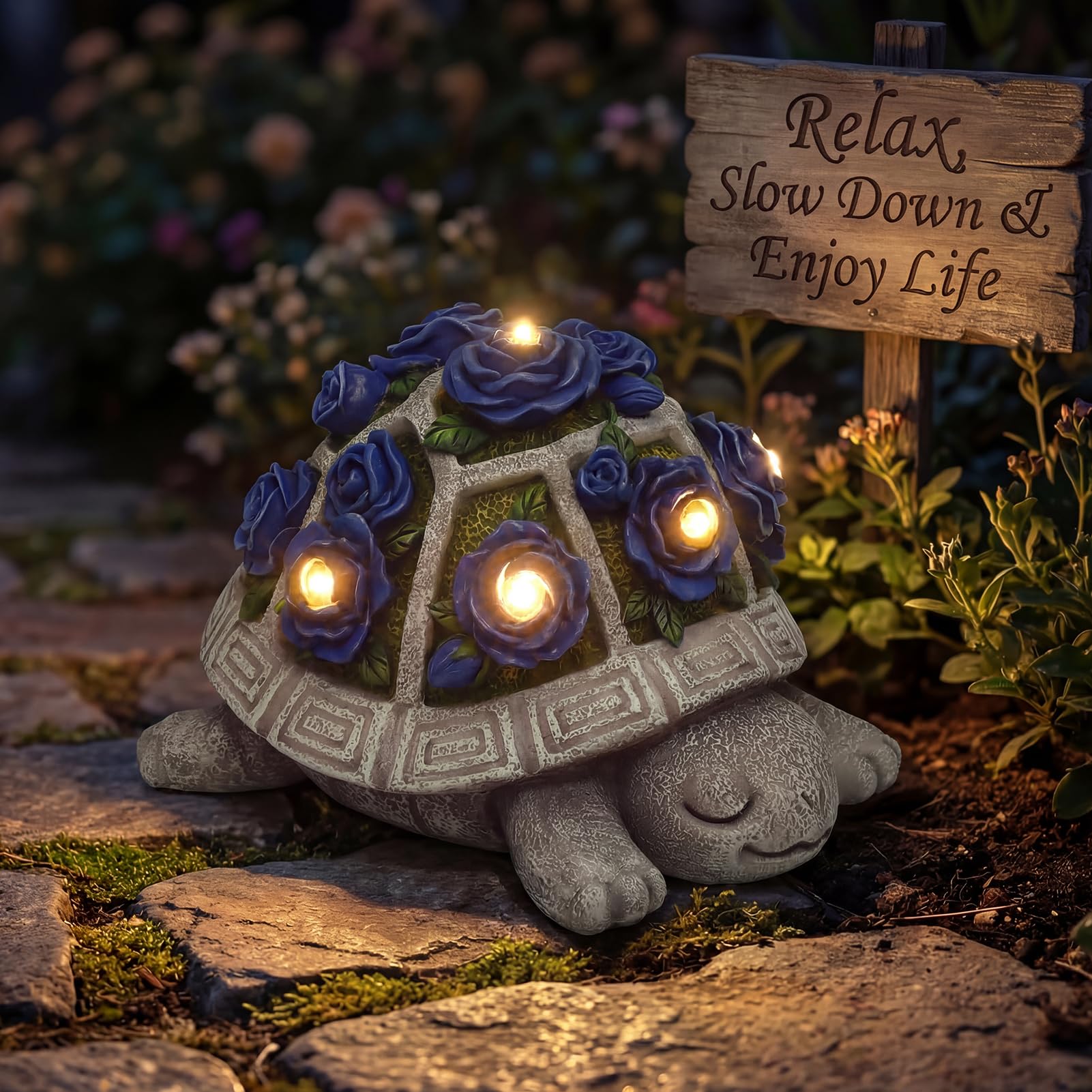 Solar Garden Outdoor Decor Turtle Statue, Dark Blue Roses & 7 LED Lights view 7