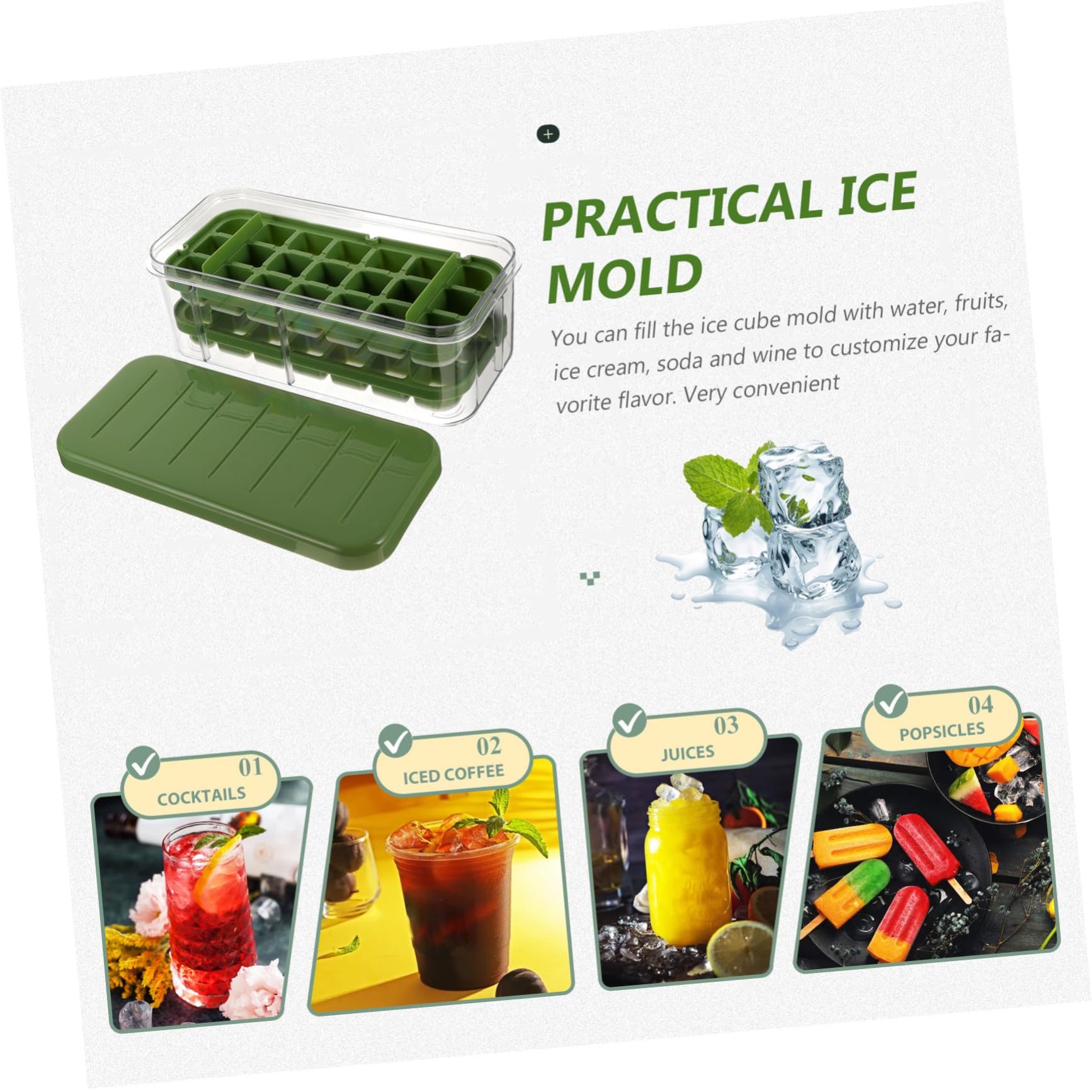 Eiswürfelform Silikon mit Deckel und Großem Behälter Platzsparend Leicht zu Entnehmen Bpa frei Langlebig für Gefrierschrank Partys Whisky und Cocktails Grün Zweilagig