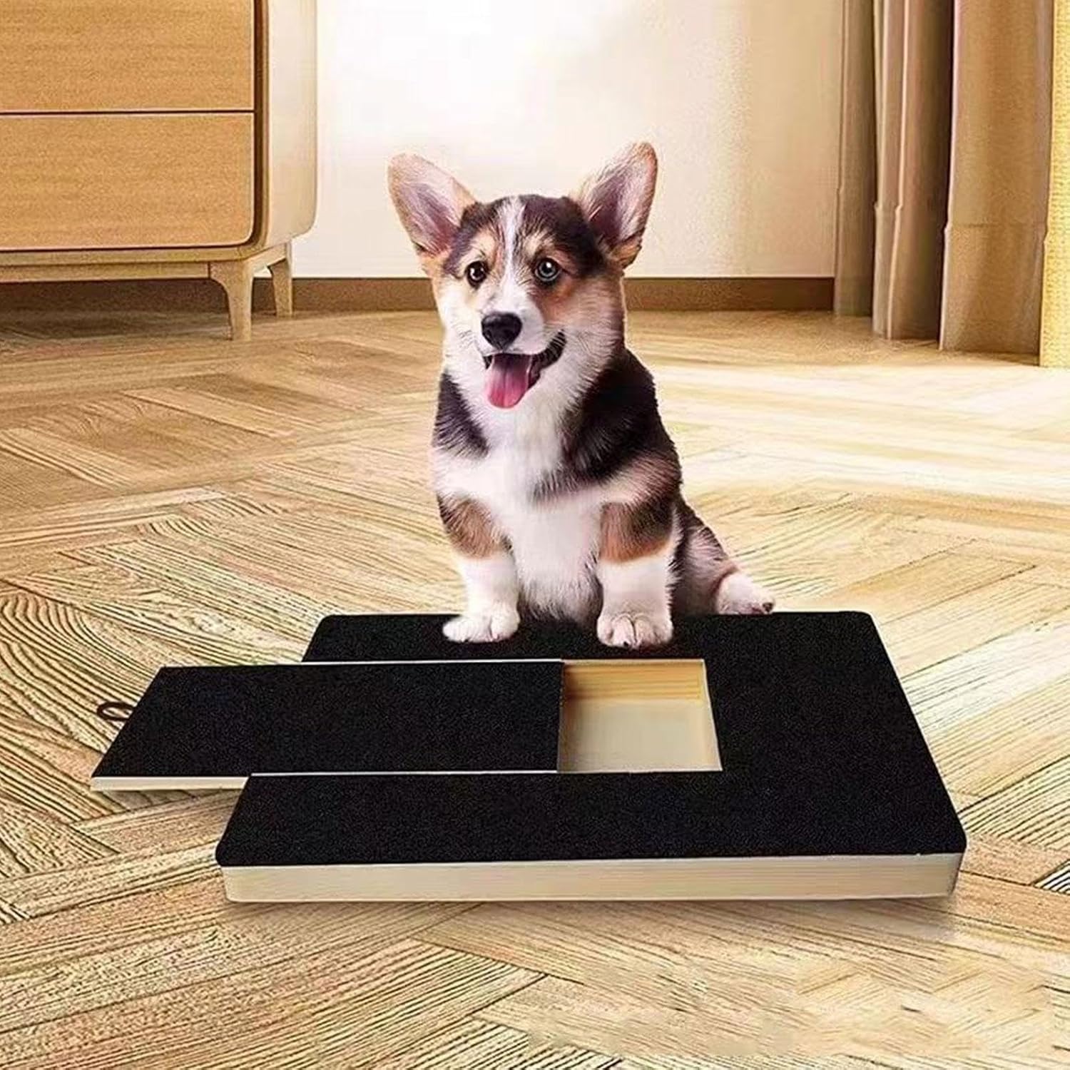 Dog Nail Scratch Board with Treat Box,35x25cm Dog Nail File Treat Board with 2 Spare Sandpaper,Pull-Out Pet N Ail Grinder Wooden Scratcher, Na Il Trimming B Oard Protects Furniture & Floors