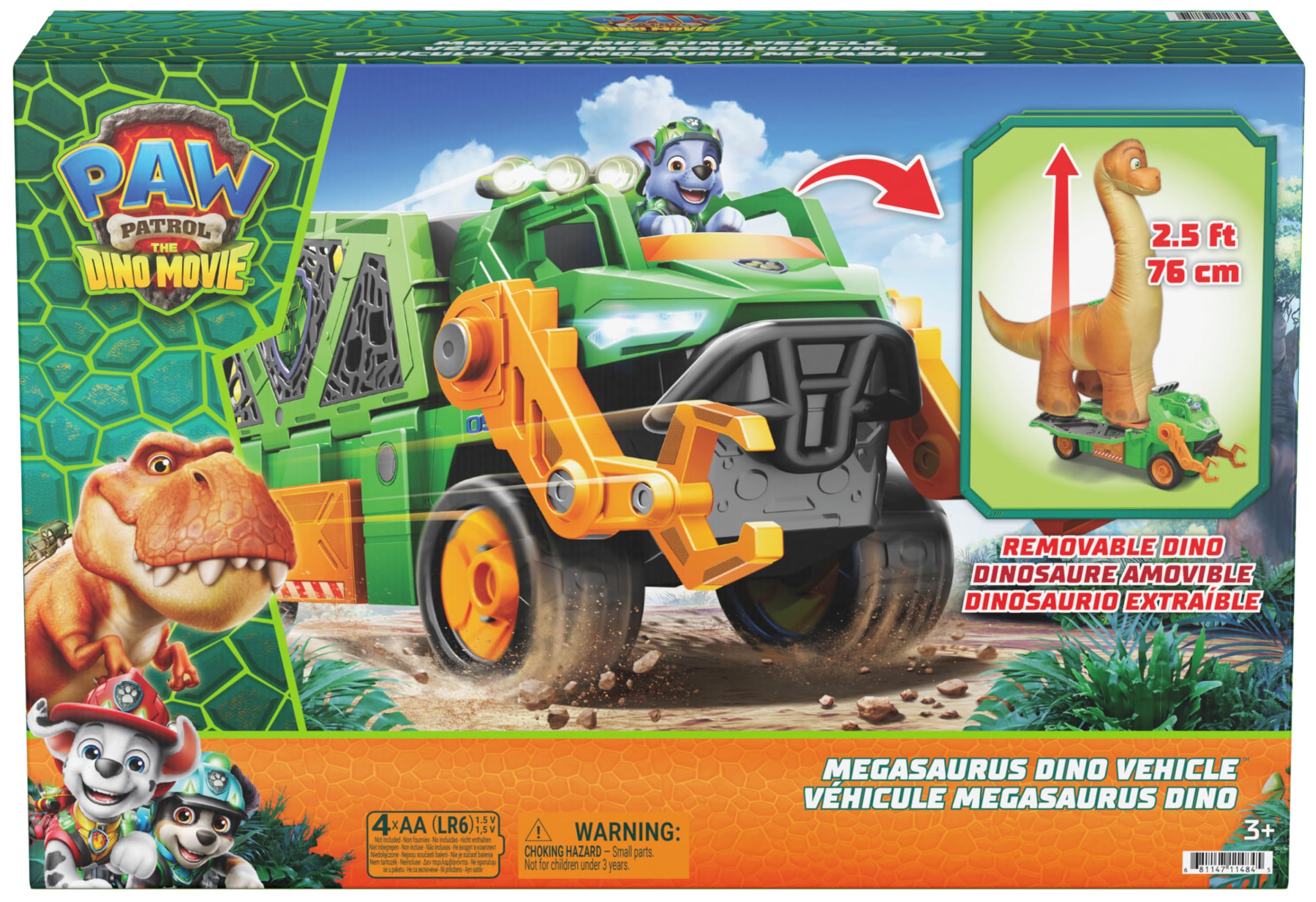 PAW PATROL: Der Dino Film Rockys Megasaurus Transport-Fahrzeug, ab 3 Jahren | 76 cm aufblasbarer Dino | 2-in-1 Dino & Fahrzeug | Per Knopfdruck aufblasbar | Licht & Geräuscheffekte | Mit Rocky-Figur