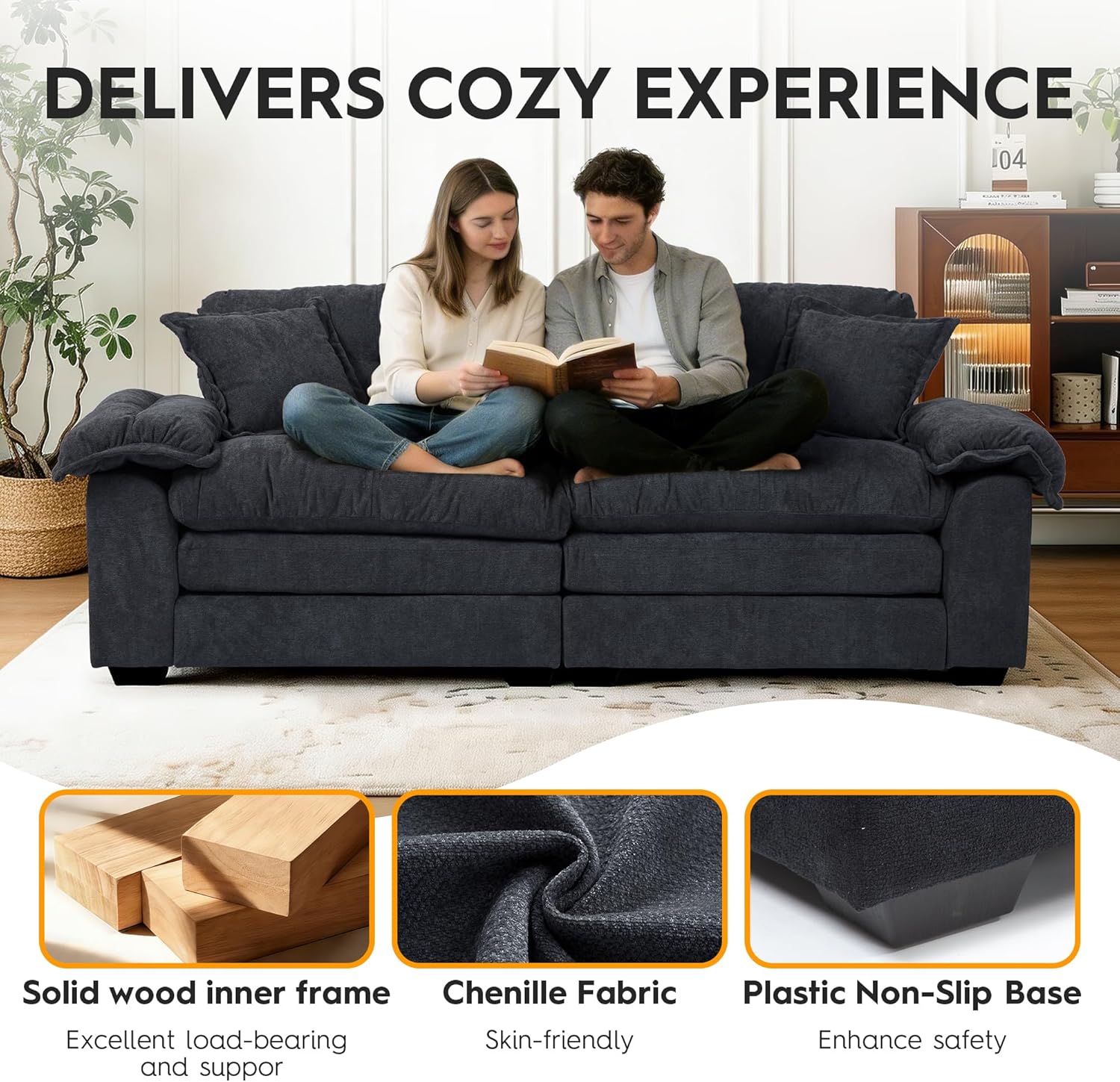 Modern 84" Chenille Loveseat Sofa, Ultra-Comfy Upholstered Couch with 2 Pillows for Apartment, Living Room, Bedroom, or Home Office​​ (Black)