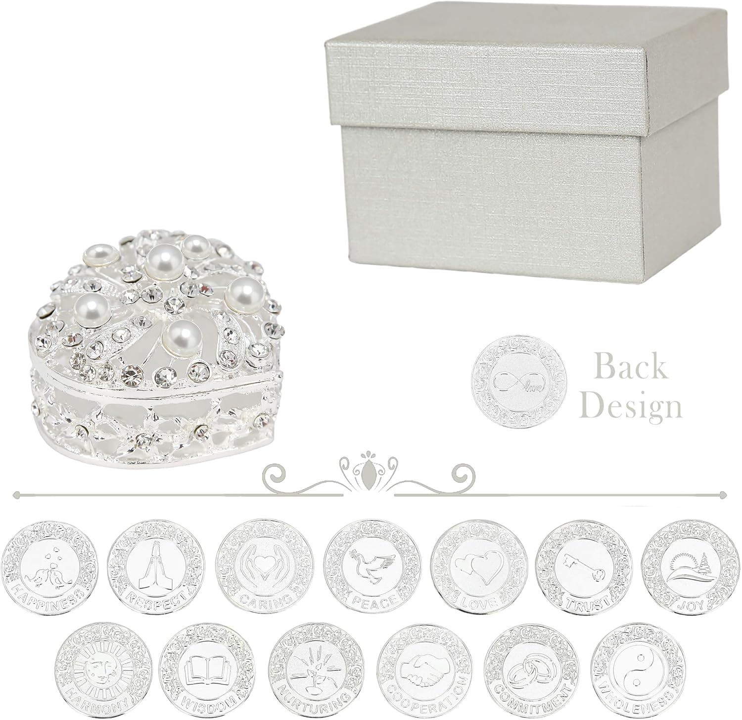 TINGKU 13 pcs English Words Wedding Unity Coins Set with Heart Shaped Box, Arras de Boda Catolica, Arras para Boda Catolica, Arras de Boda Cristiana for Wedding Ceremony-Silver Coins