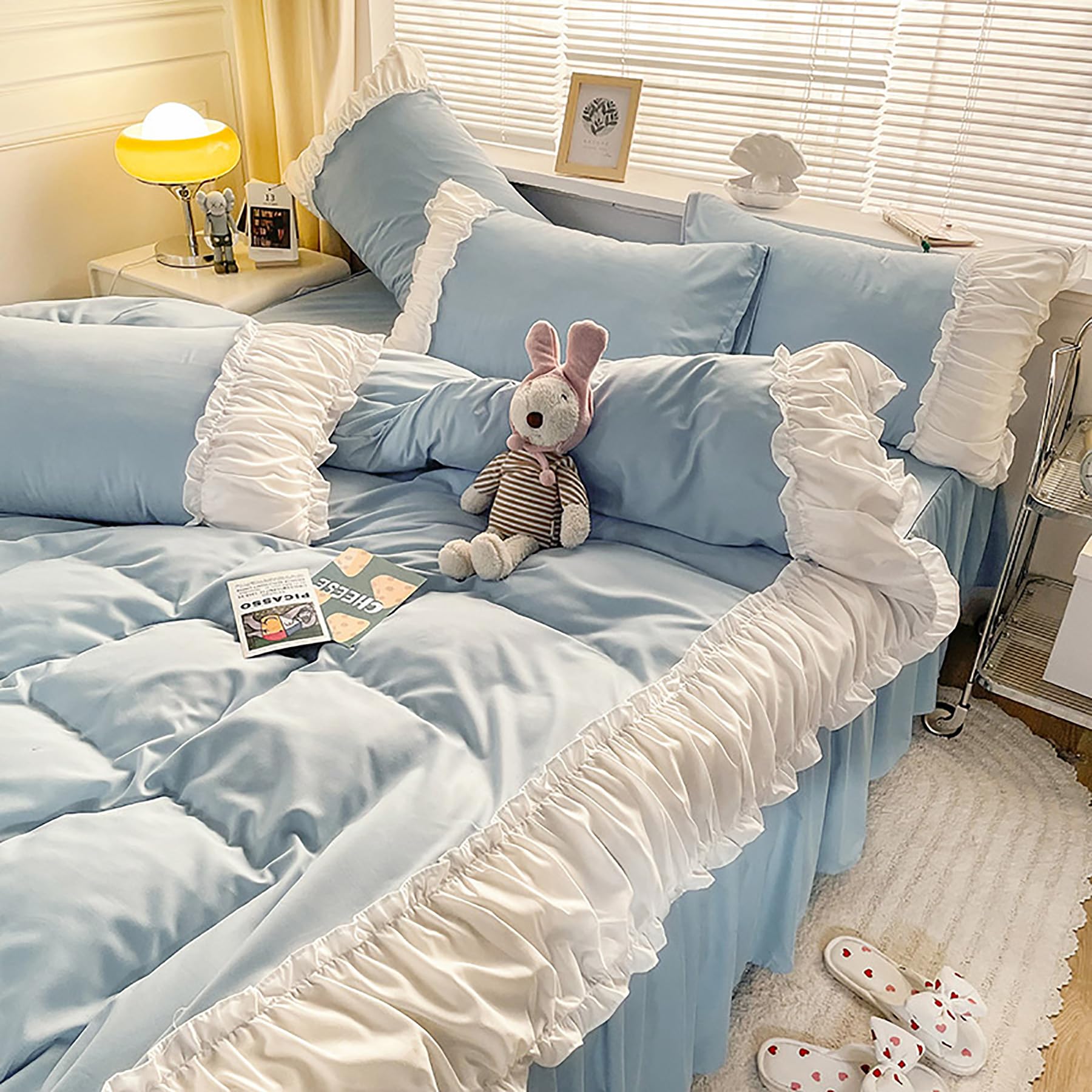 Parure lit Queen Size, Ensemble literie Simple Coton Couleur Unie Couvre-lit Dentelle Style Ensemble draps Comprenant Ensembles Couette Un Drap Plat Une taie d'oreiller,Bleu,Twin